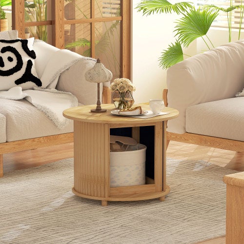 Table basse ronde en bambou naturel avec espace de rangement caché et ...