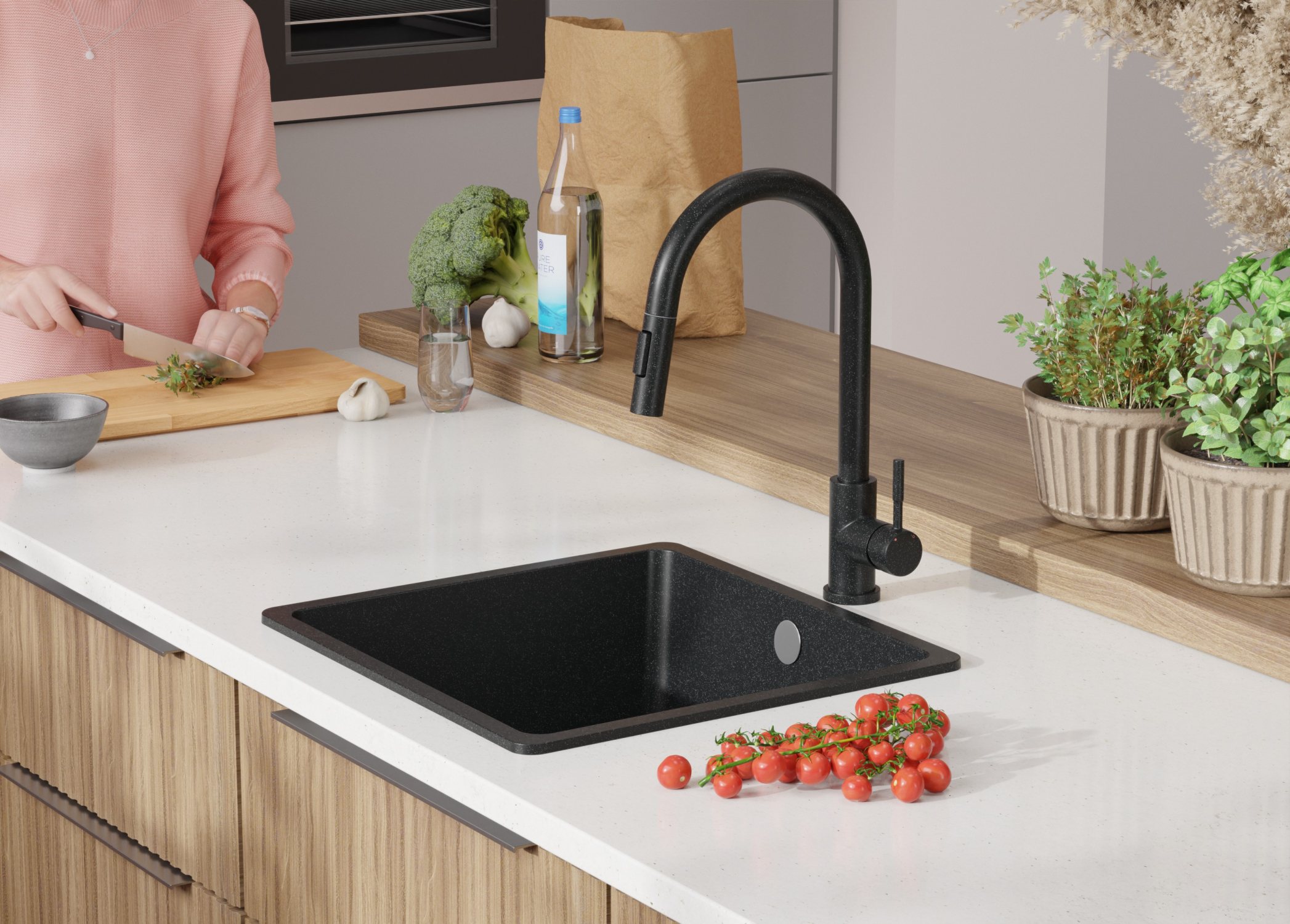 Evier Cuisine en Granit Graphite 46x44cm, Lavabo 1 bac + Kit de Vidage, Évier à Encastrer au meuble 50cm - Venise Slim Easy PRIMAGRAN - 9