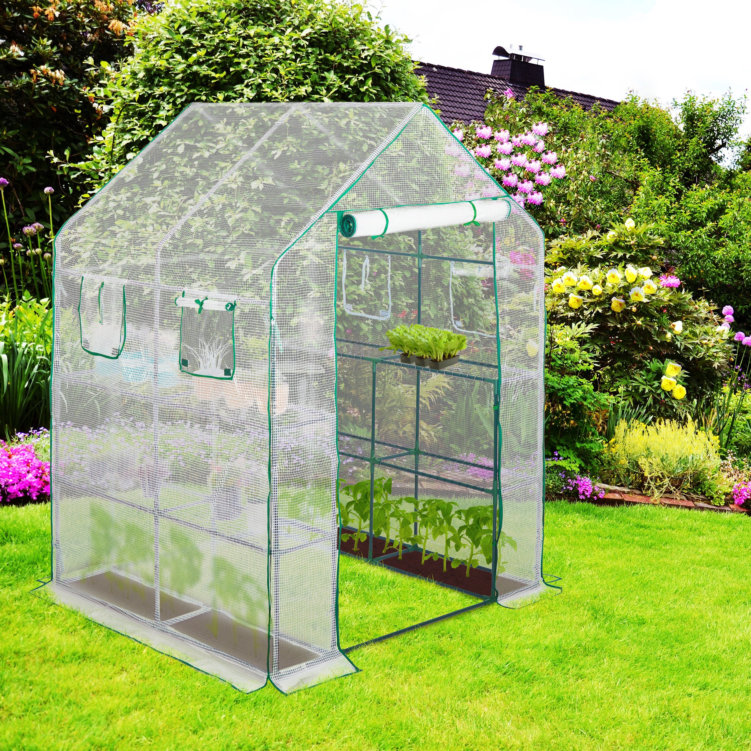 Serre tunnel de jardin de 190 x 140 x 140 cm avec 8 étagères, 4 fenêtres et bâche polyester transparente pour tomates, Relaxdays - 2
