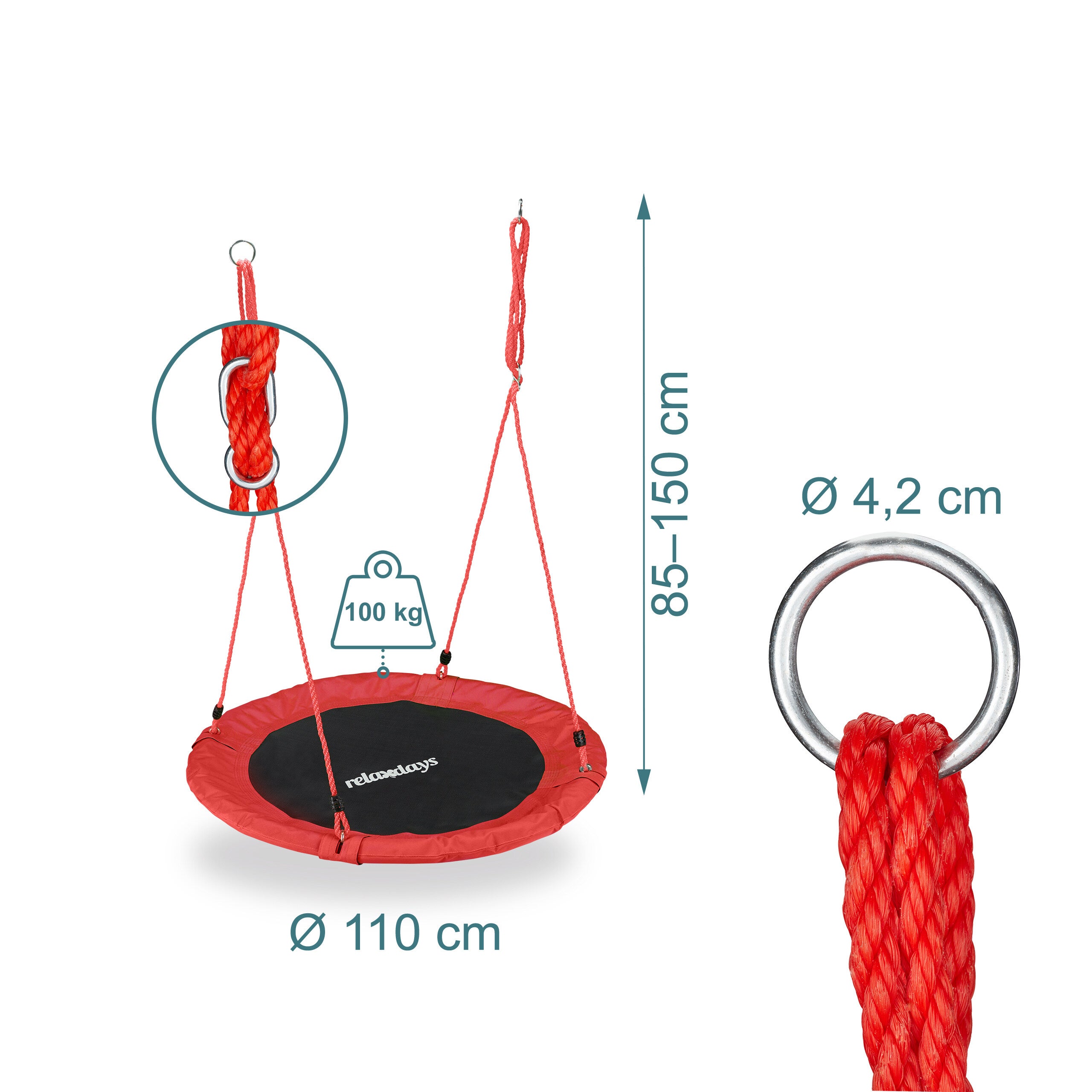 Balançoire nid ronde d'extérieur ø 110 cm, réglable en hauteur, pour enfants et adultes, rouge, jusqu'à 100 kg, Relaxdays - 4