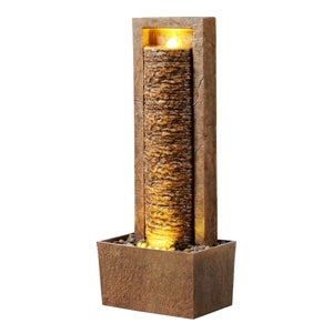 Fontana Da Giardino Alta 92 Cm Con Effetto Roccia Di Fiume E Luce LED – Teamson Home, Poliresina Marrone Con Pompa E Flusso Regolabile Per Esterni