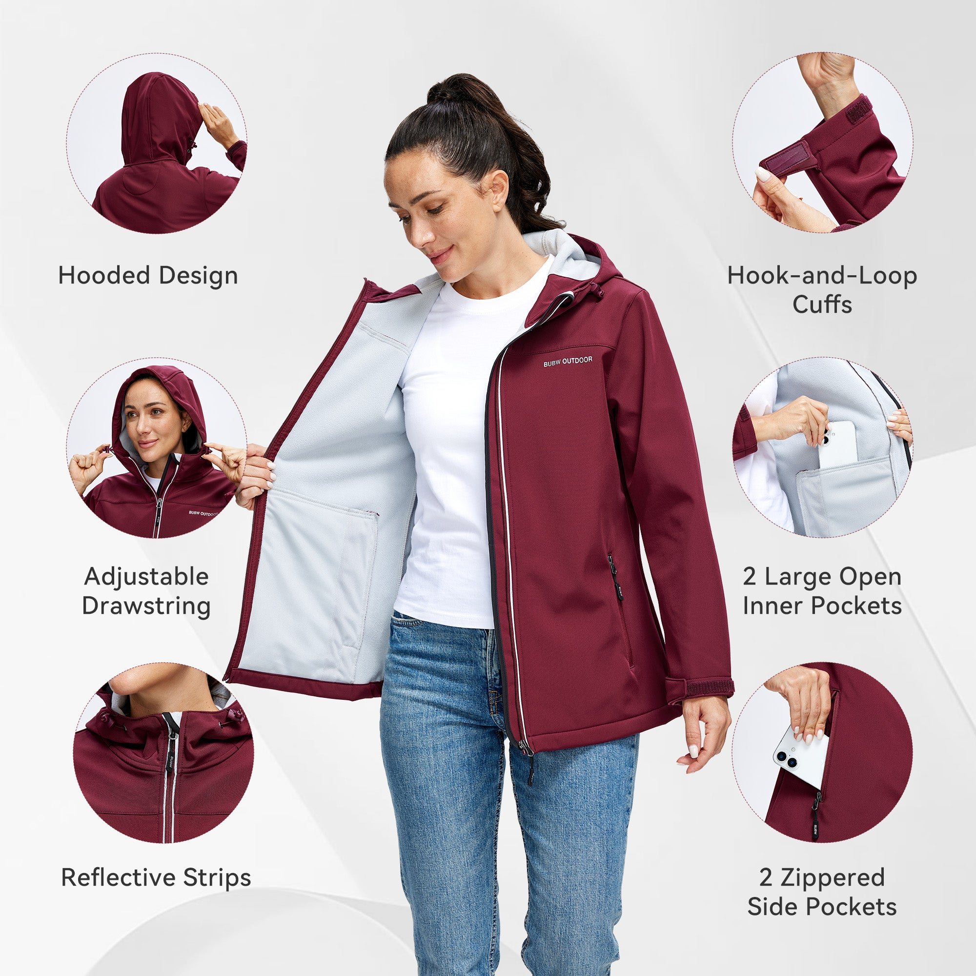 Veste de Travail à Capuche Taille M Blouson & Softshell Femme - Imperméable, Coupe-vent, Chaude et Respirante, avec Bandes Réfléchissantes - Bourgogne - 5