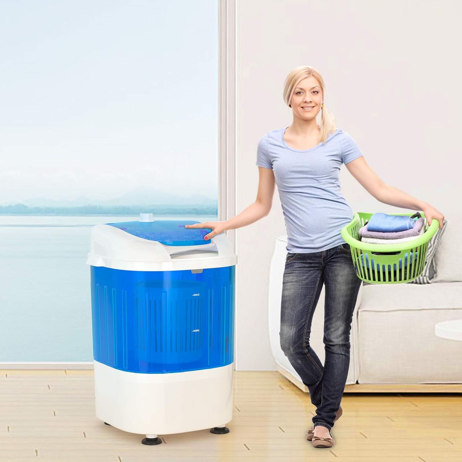 Mini lavadora de 2 kg con lavado rápido en 10 minutos - Lavadora semiautomática compacta y portátil - 36 x 34 x 51 cm, color azul - 2