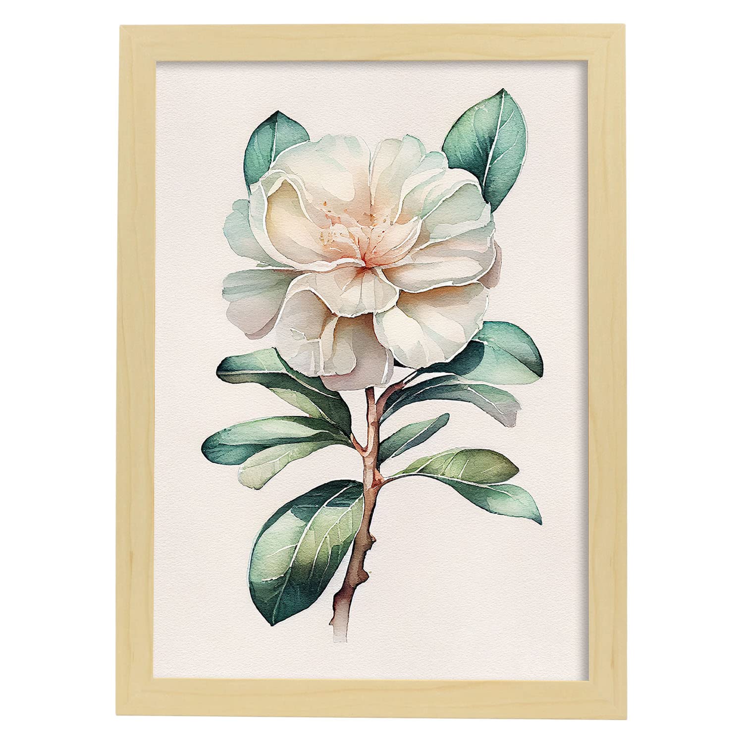 Nacnic poster de camelia estilo nórdico ilustraciones de botánica con flores y plantas en acuarela y modelo 1 a3 con marco de madera clara