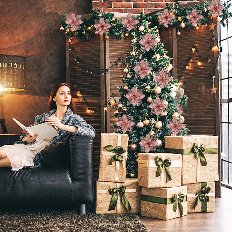 6 Fiori Di Natale Artificiali Con Clip – Decorazioni Per Albero – Colore Rosa, Con Glitter – Set 6 Pezzi - 2