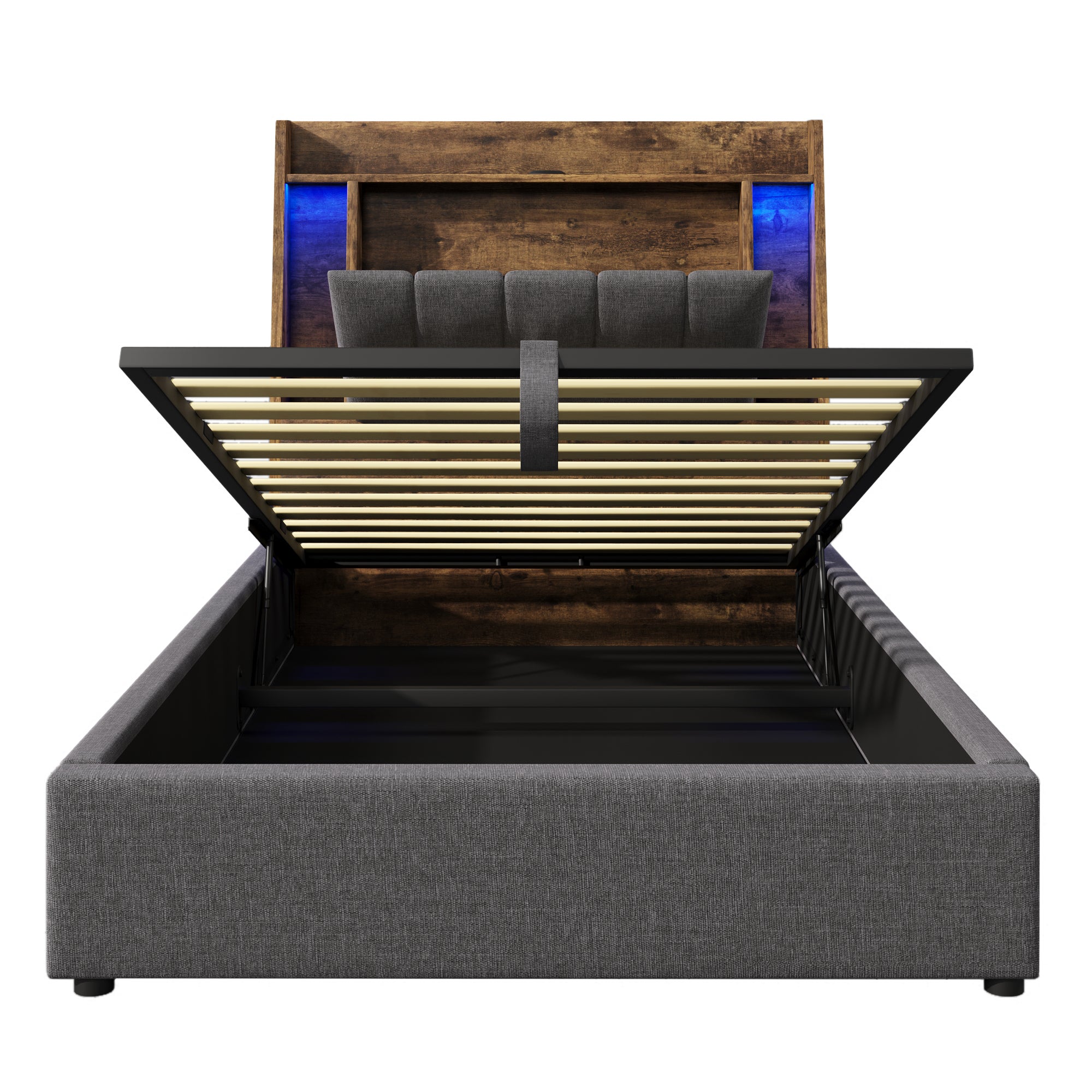 letto contenitore 90x200 cm con LED e porte USB-C lino MDF grigio senza materasso - 7