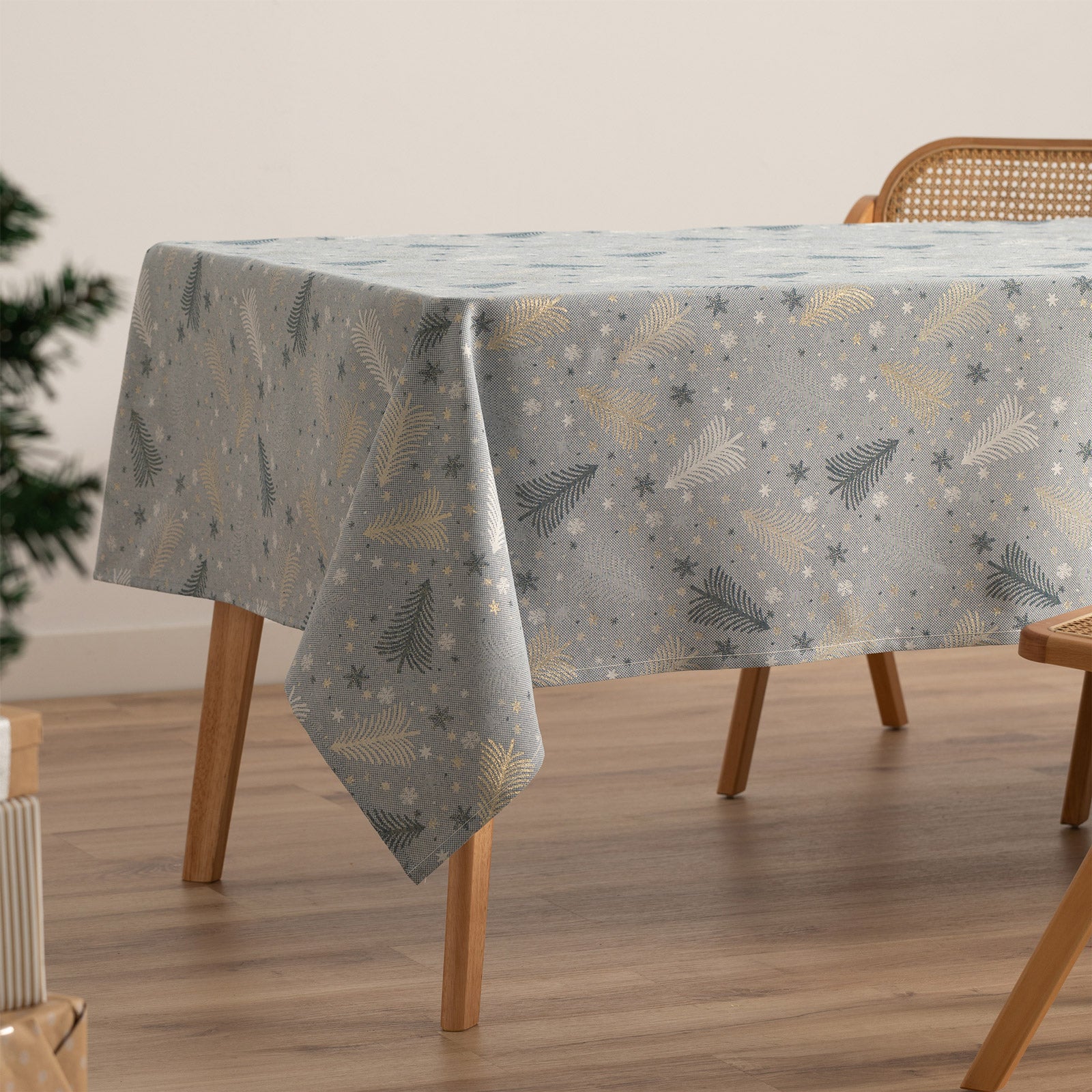 Tovaglia di Natale quadrata in cotone jacquard blu e oro 140x140 cm - Christree - 2