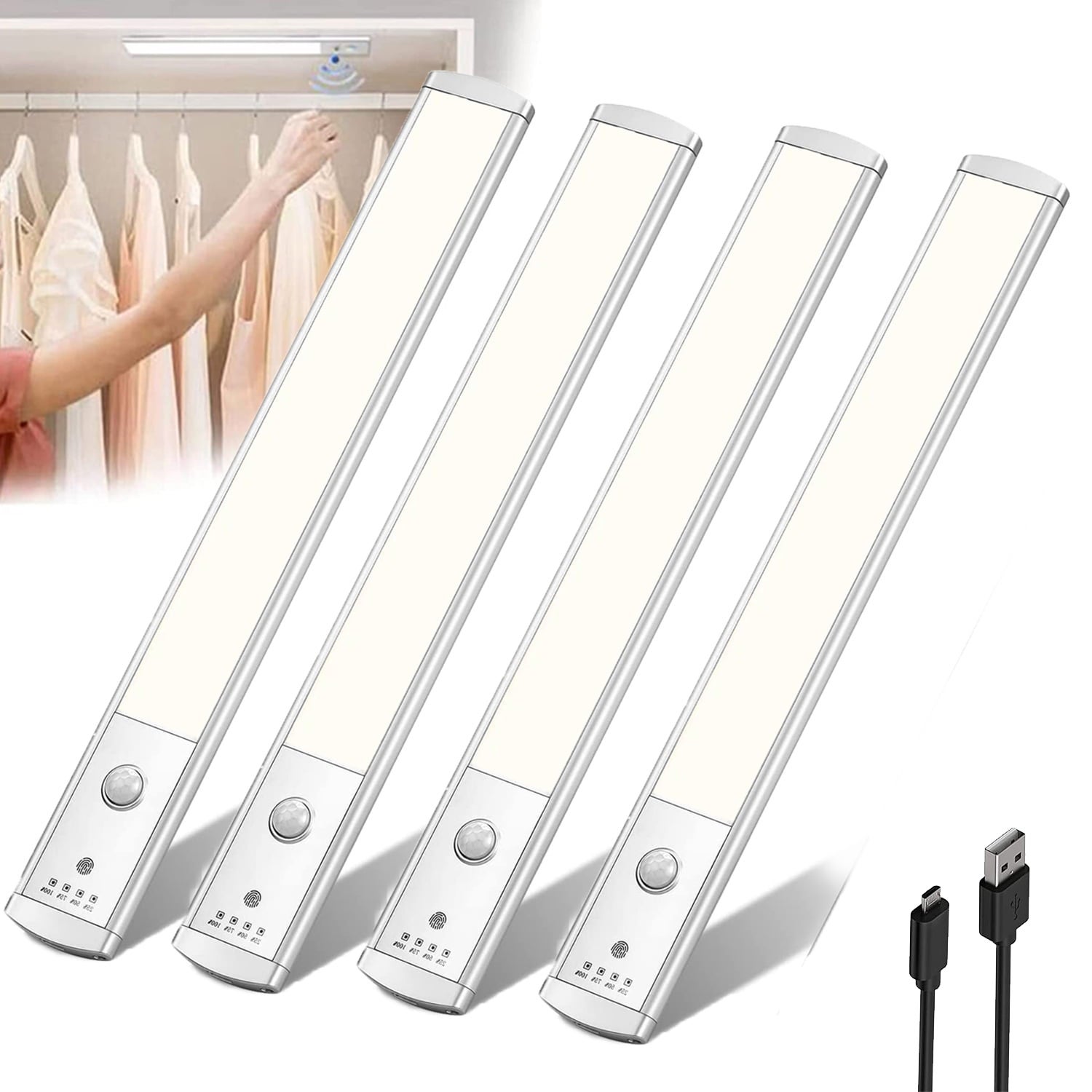 Zestaw 4 lamp podszafkowych z czujnikiem ruchu, lampka nablatowa, lampka nocna do kuchni ładowana przez USB, jednolite światło, 23 cm