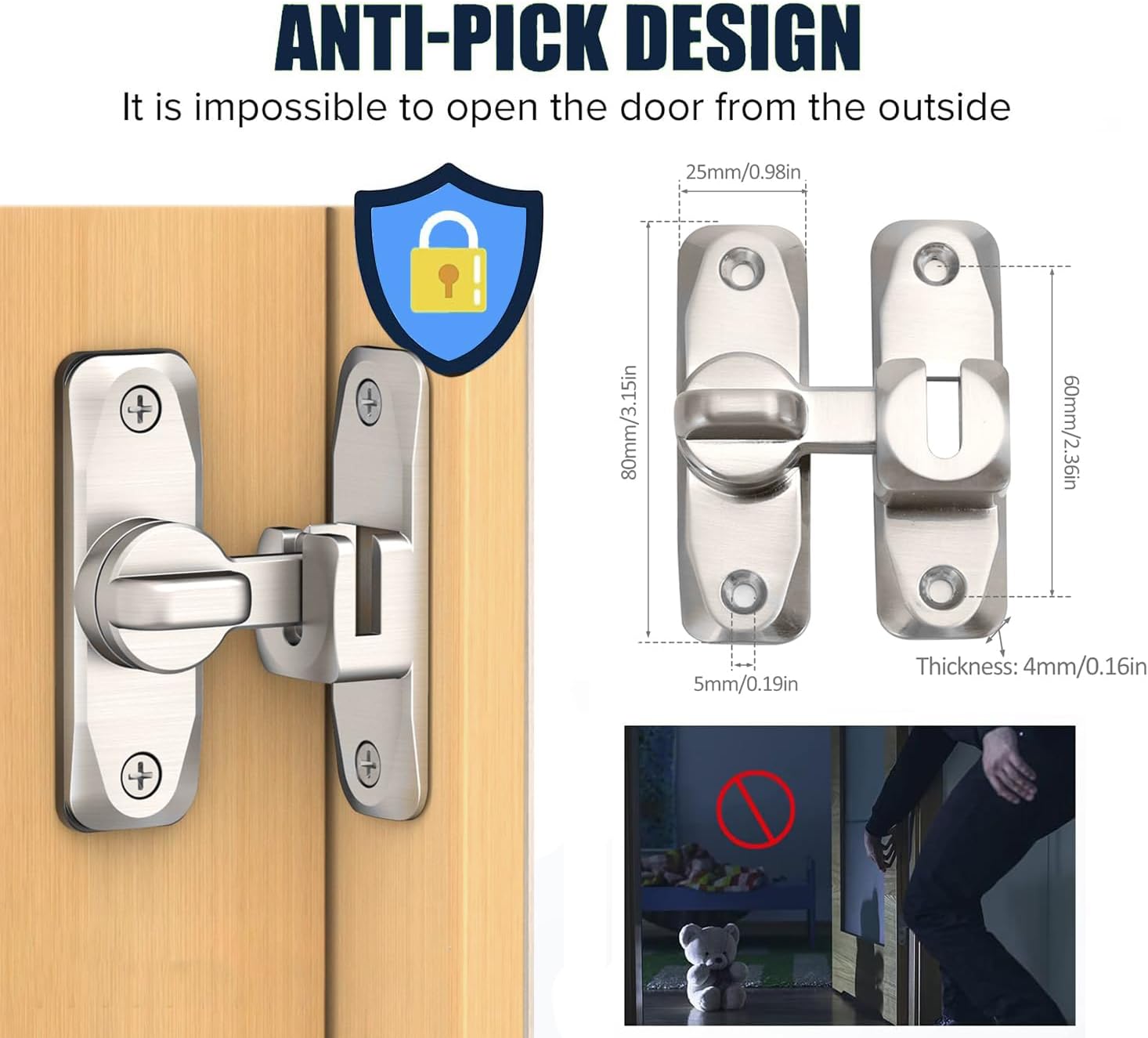 2 Pz Serratura A Catenaccio Per Porte 90/180 Gradi - Chiavistello Scorrevole In Acciaio Inox Per Bagno E Camera Da Letto