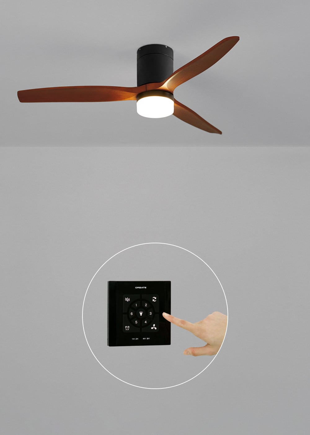 CREATE - WIND CALM M - Ventilateur de plafond silencieux 40W avec pales techniques en ABS Ø132cm avec eclaraige avec contrôleur mural - 4
