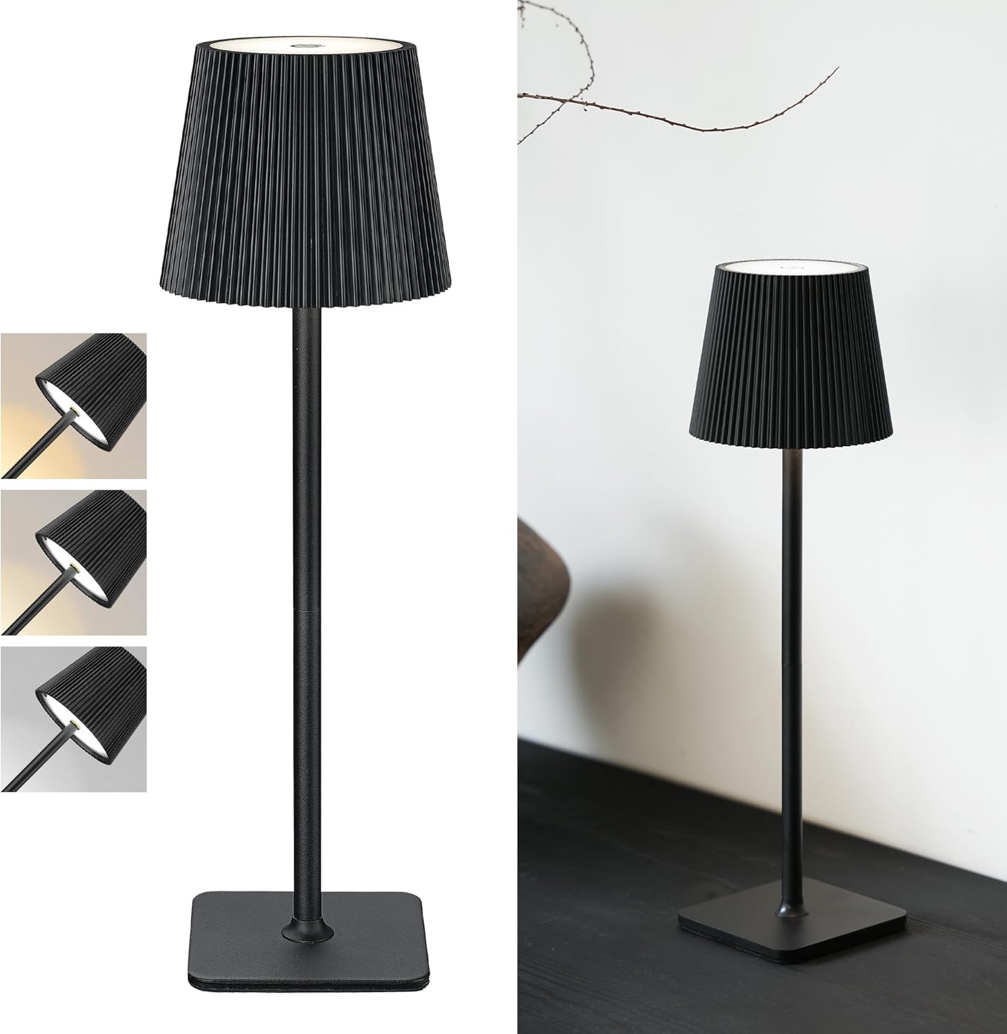 Zestaw 2 bezprzewodowych lamp stołowych LED, bateria 5200 mAh, dotykowe, ze ściemniaczem, 3 kolory, wodoodporne IP44, czarne.