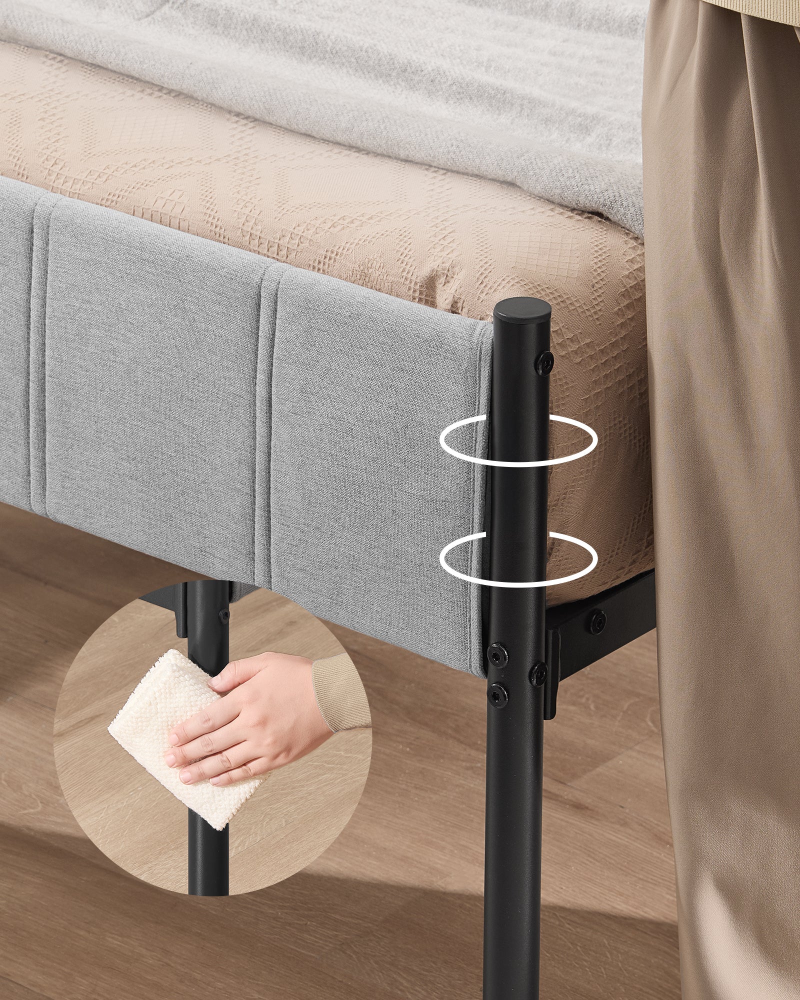 Cadre de Lit Double, 140 x 190 cm, avec Tête de Lit Rembourrée, en Acier, Supporte Jusqu'à 500 kg, Montage Facile, Gris Tourterelle - 4