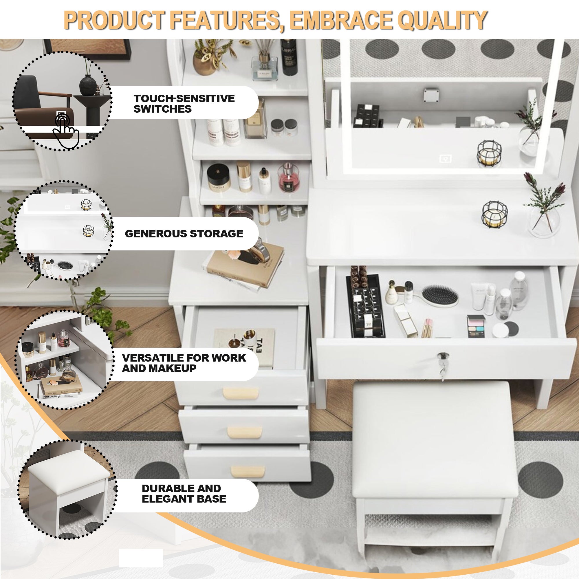 Coiffeuse avec miroir LED en MDF Blanc H. 130 x l. 85 x P. 36 cm - 7
