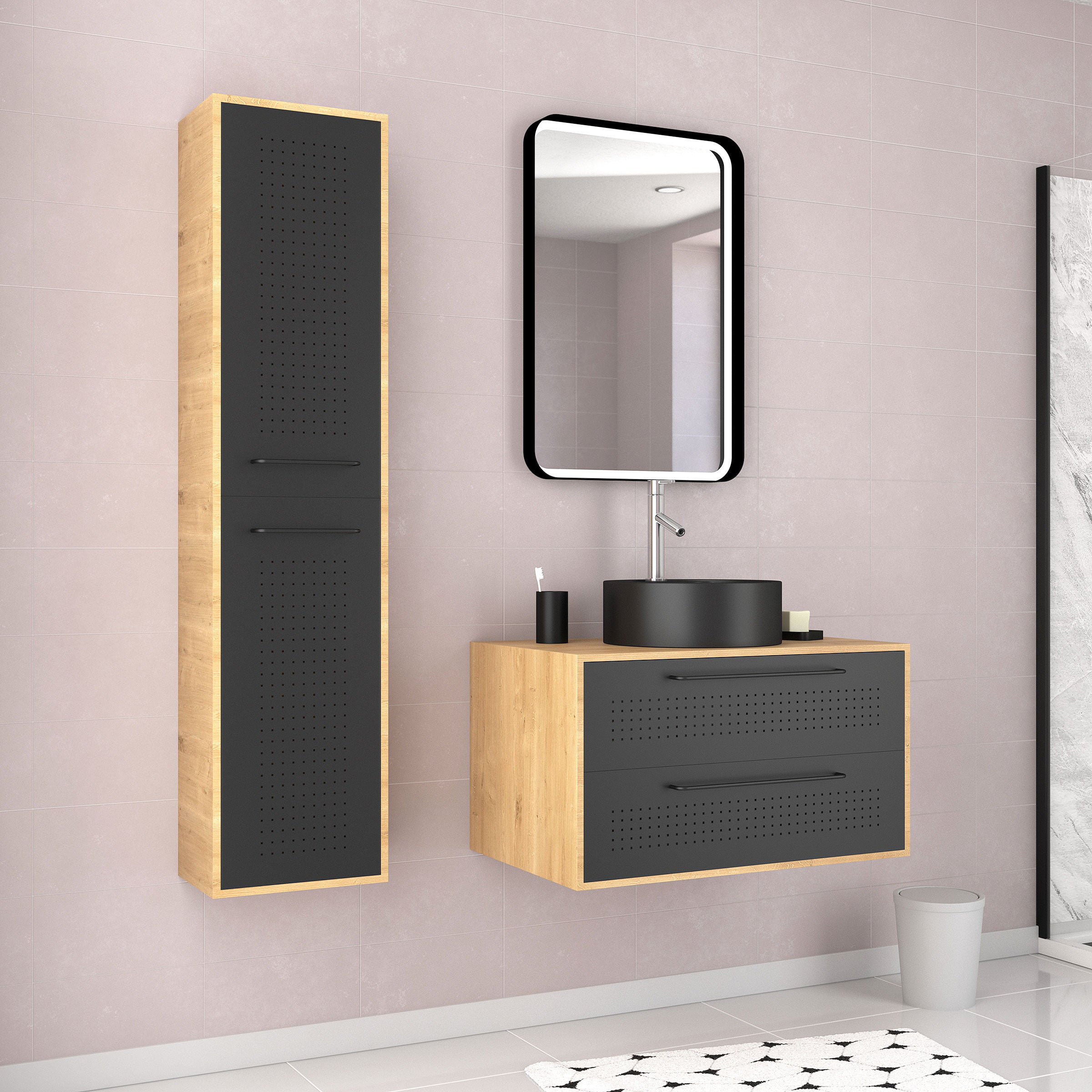 Meuble Salle de Bain noir avec Lavabo et Miroir à led au Maroc à prix pas cher