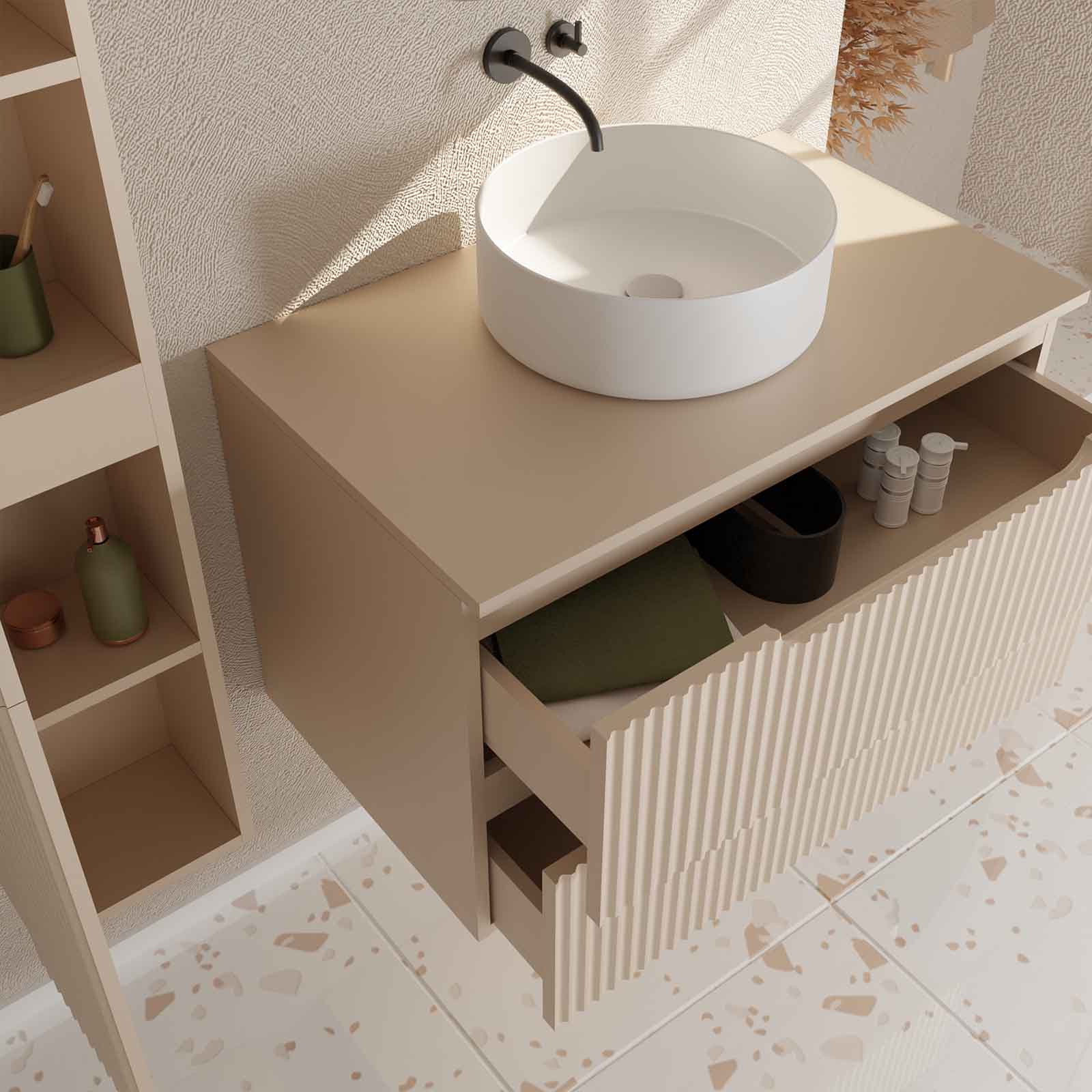 Meuble et colonne de Salle de Bains LEON 80cm Marron Glace - Façades Ondulées - Vasque Ronde 36cm - 2