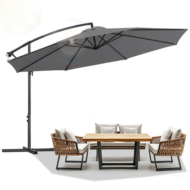 Gran sombrilla de exterior Ø 3,5 m, tela de poliéster impermeable, protección UV 50+, ventilación integrada y excelente estabilidad Gris