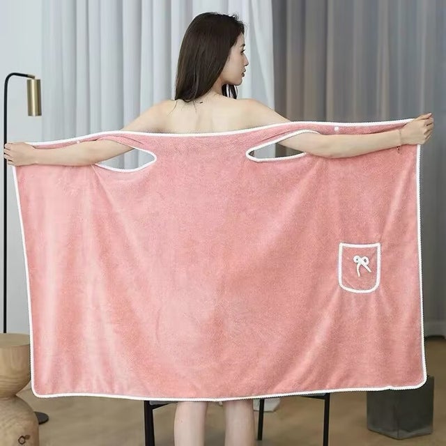 Ensemble peignoir et serviette de bain pour femme, doux et confortable, avec fermeture à pression, épaules dénudées