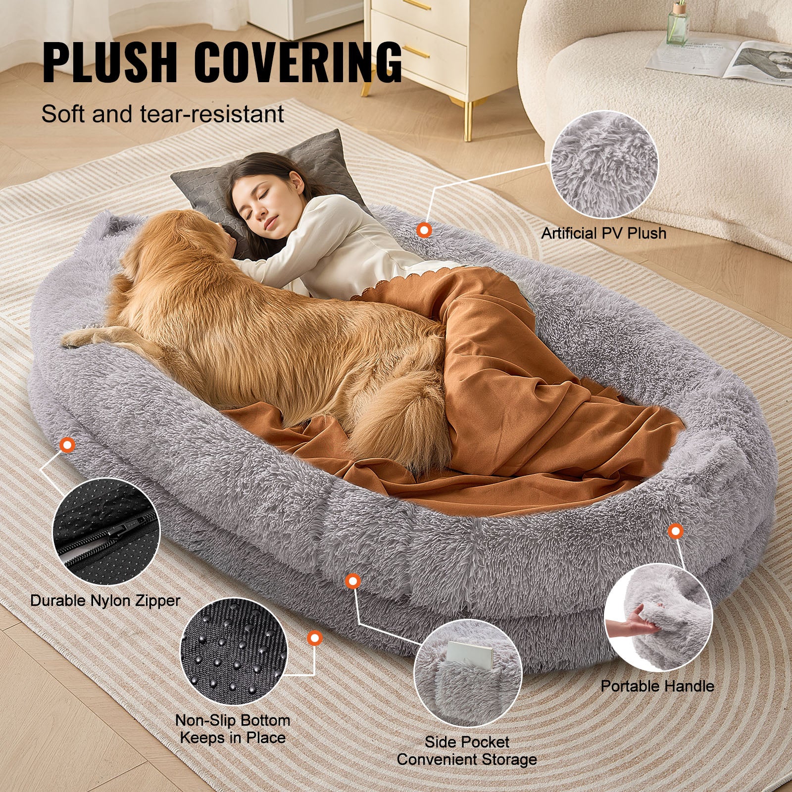 Cama para perros para personas y animales,VEVOR 182x122x25 cm,con funda terciopelo PV lavable,espuma celular,bolsa de almacenamiento,gris claro - 3