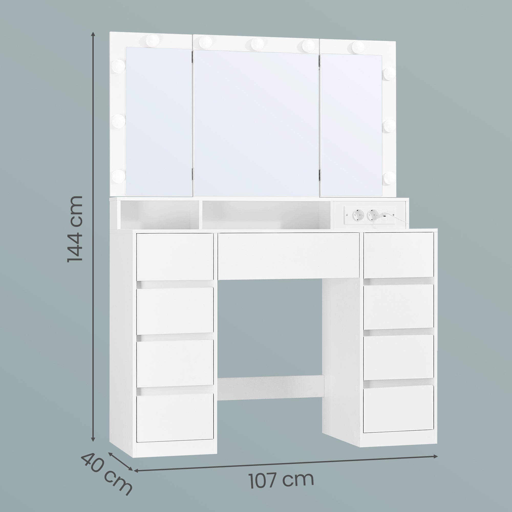Table de Maquillage avec 9 Tiroirs, Miroir Triple Pliable, Éclairage LED 3 Couleurs, Chambre, Multiprise Intégrée, Blanc - 5