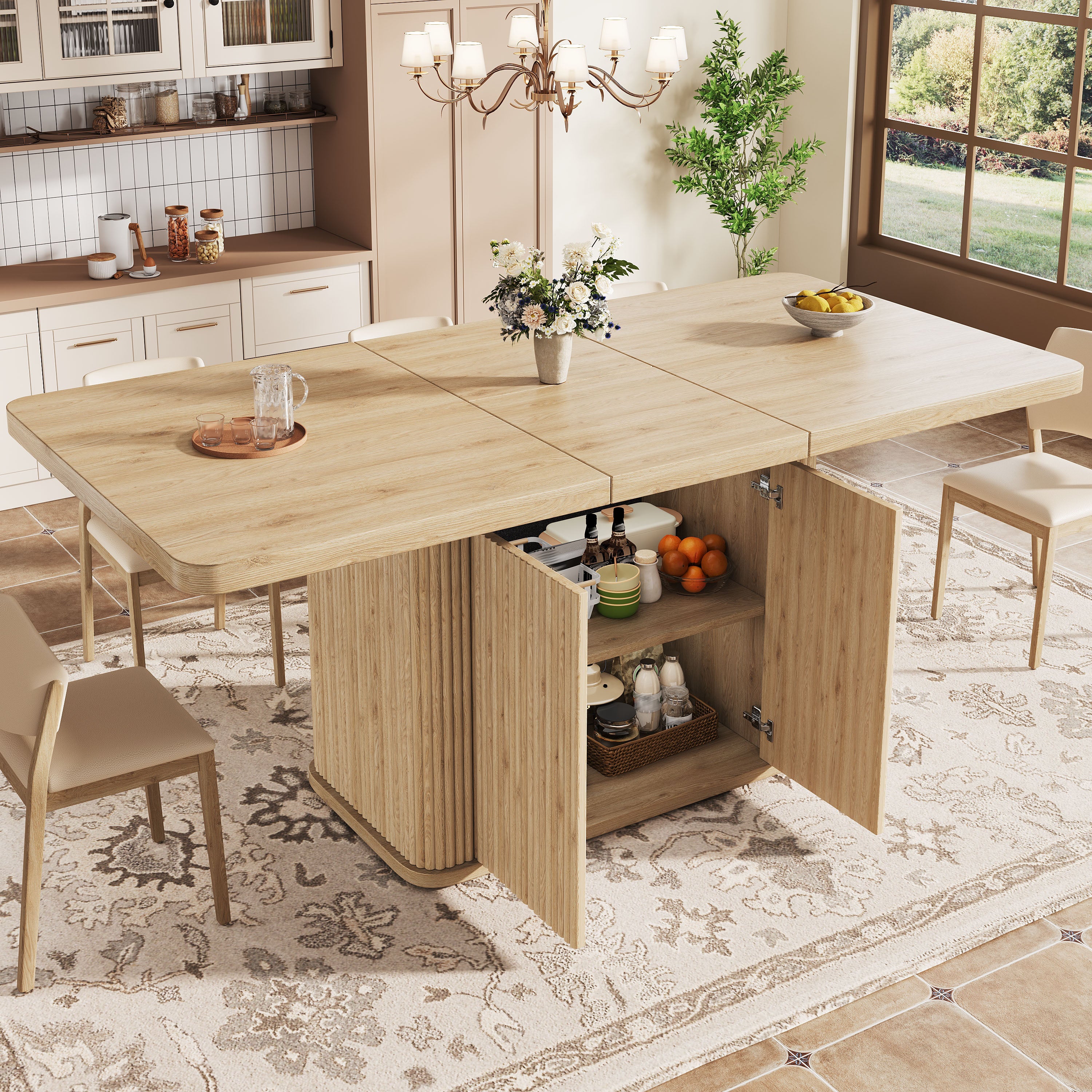 Table à manger extensible avec rangement, portes push-to-open et pieds ...