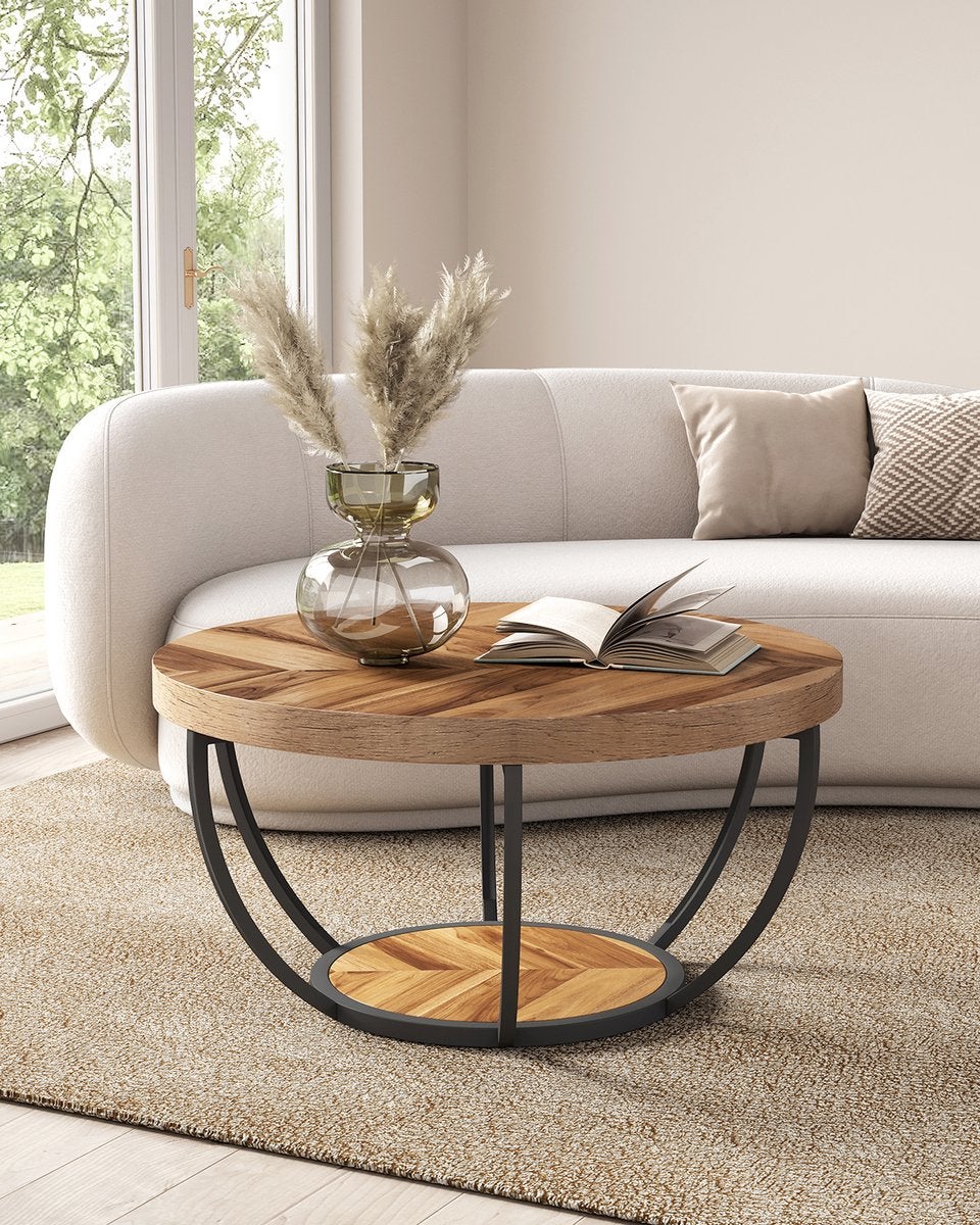 Tribesigns Industrial 2-Tier round Coffee Table , 80*80*45CM, with Storage Shelves for Living Room, Wooden Grain - 4