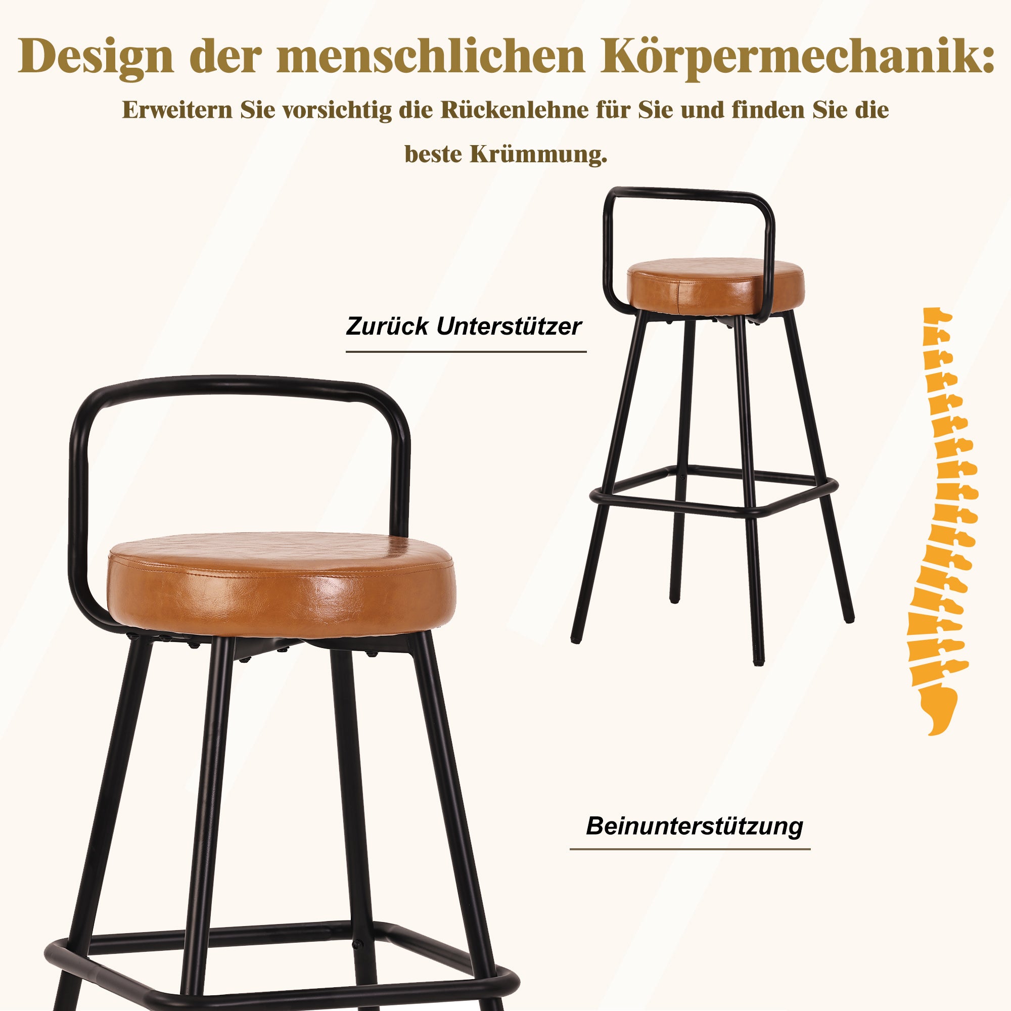 Lot de 4 Tabourets de Bar Modernes en PU Marron, Chaise de bar Dossier Ergonomique avec Pieds Métal Noir, Hauteur 90,5 cm, pour Cuisine ou Bar - 3