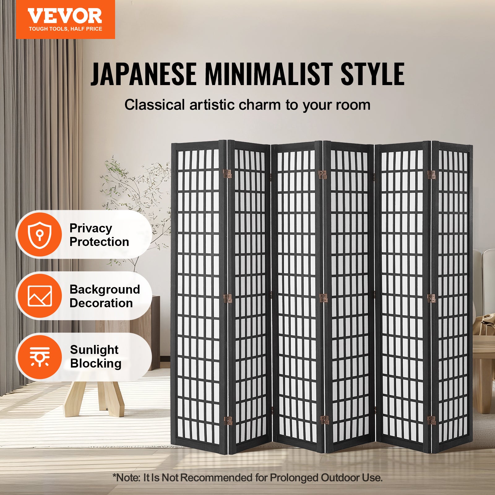 Cloison séparation japonaise VEVOR 6 Panneaux, paravent confidentialité, pour séparation pièce, maison, bureau, restaurant et chambre à coucher, noir - 2