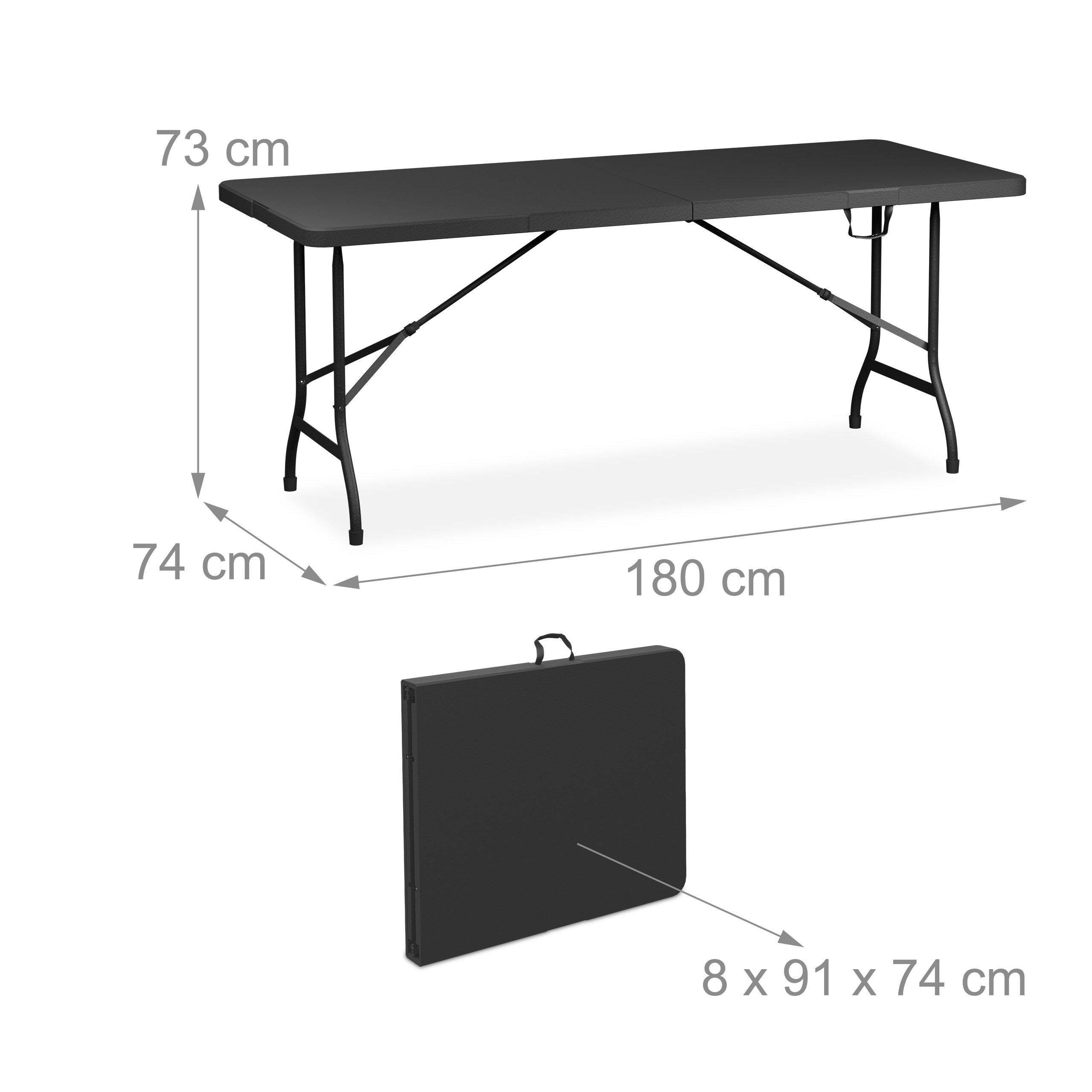 Conjunto de cervejaria dobrável, 3 peças, mesa de 180 cm e 2 bancos em PE e aço para jardim, preto, Relaxdays - 4