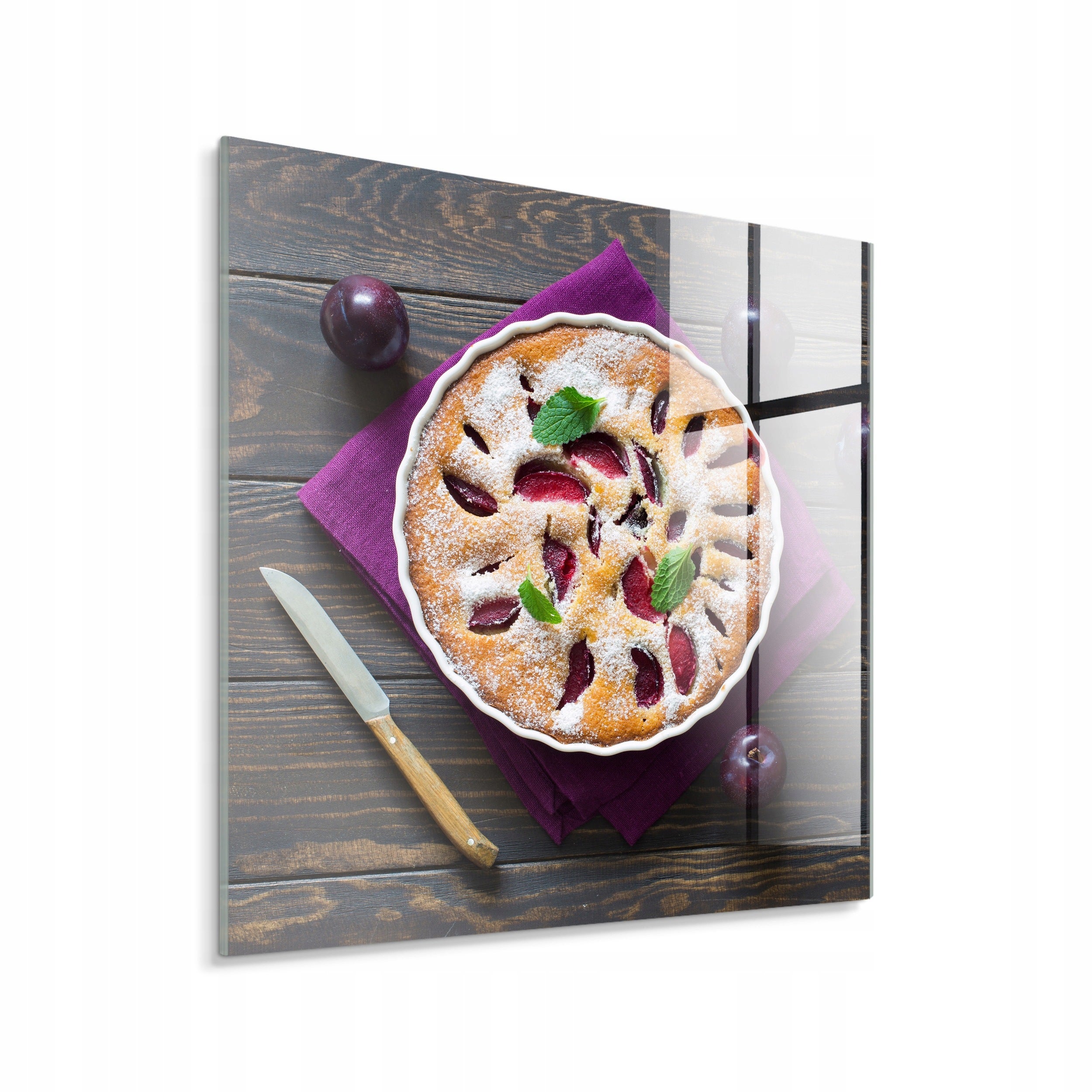 STYLER Tablou pe sticlă Glasspik tartă cu prune 30 x 30 cm, decor modern de perete pentru living, dormitor și casă