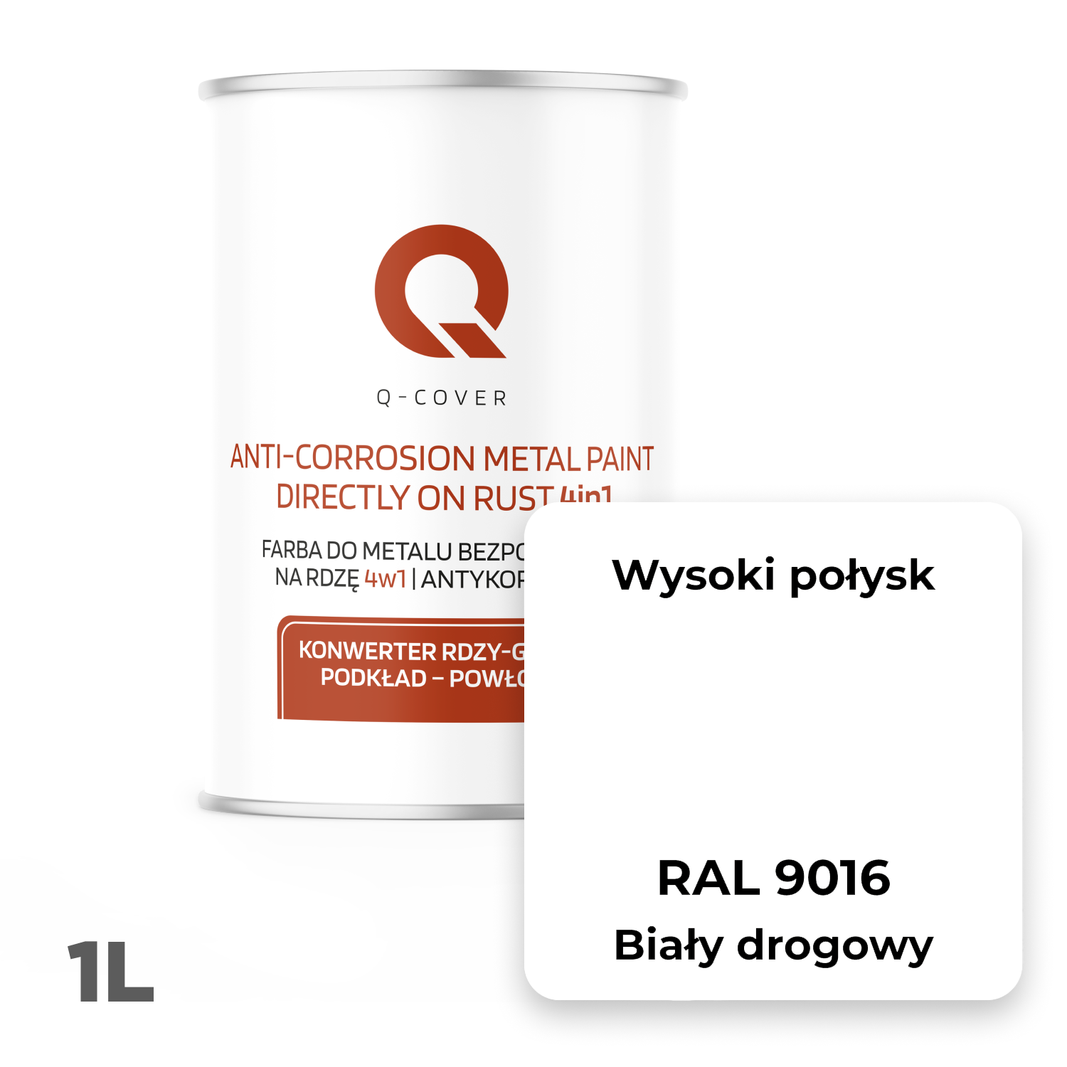 Farba do Metalu Prosto na Rdzę 4w1 Q-Cover Biały drogowy RAL9016 Wysoki Połysk 1L - 2