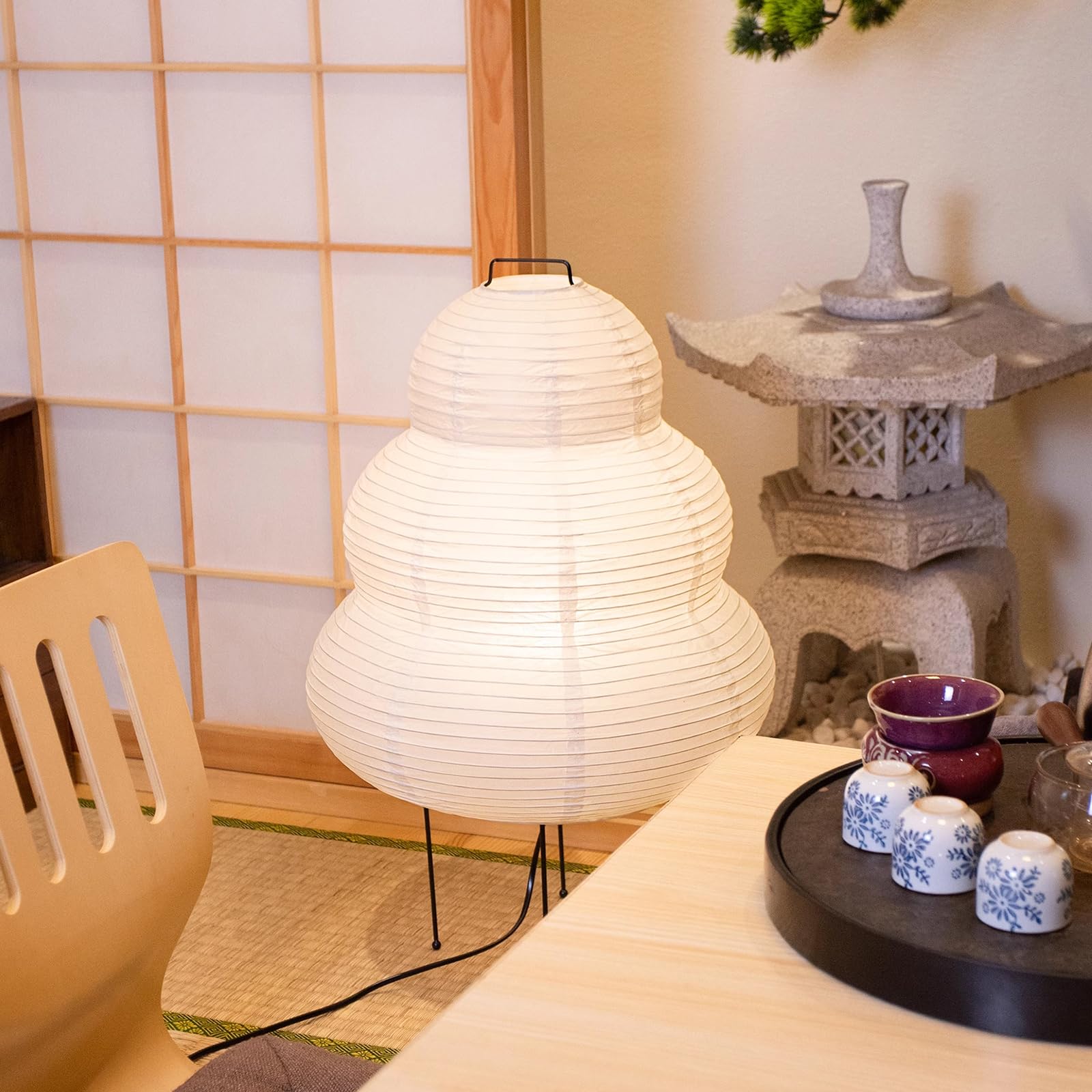 Lampadaire Wabi-sabi E27, lampe de table en papier de riz blanc, lumière blanche chaude 3000K, norme européenne, convient pour la chambre - 5