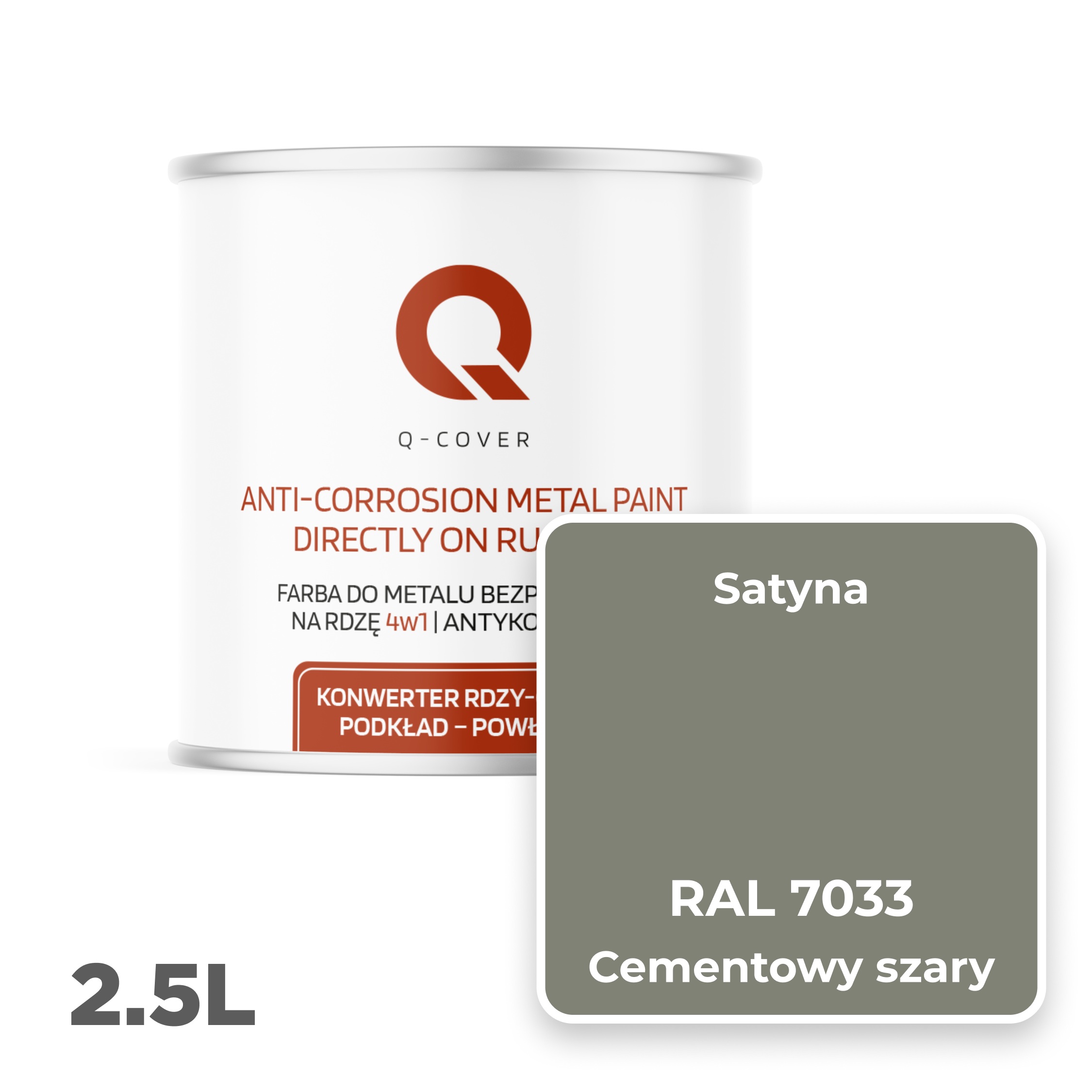 Farba do Metalu Prosto na Rdzę 4w1 Q-Cover Cementowy szary RAL7033 Satyna 2.5L - 2