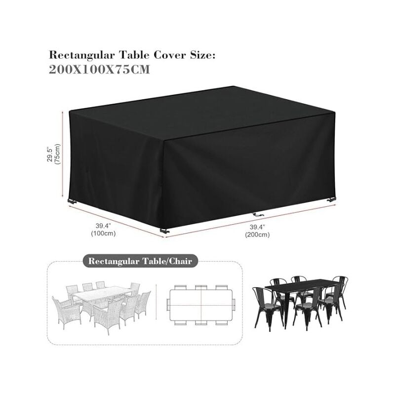 Housse de protection pour mobilier de jardin 200 x 100 x 75 cm, tissu Oxford 420D, rectangulaire, noire, coupe-vent, résistante aux UV et au froid - 2