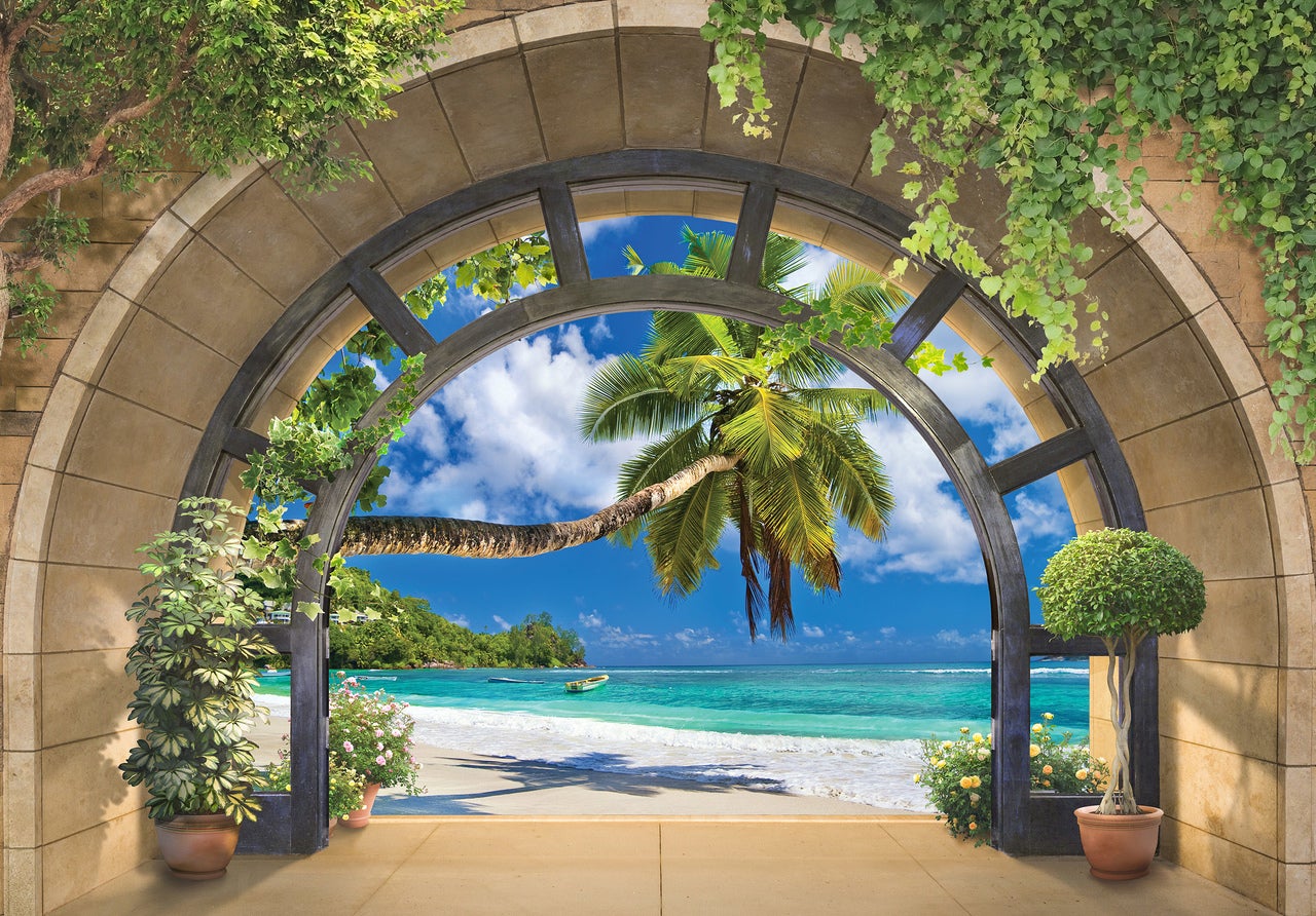 Papel pintado fotografia panorámica efecto 3d ventana palmeras playa paisaje 416x254 cm - incluye cola - moderno salon dormitorio papel no tejido