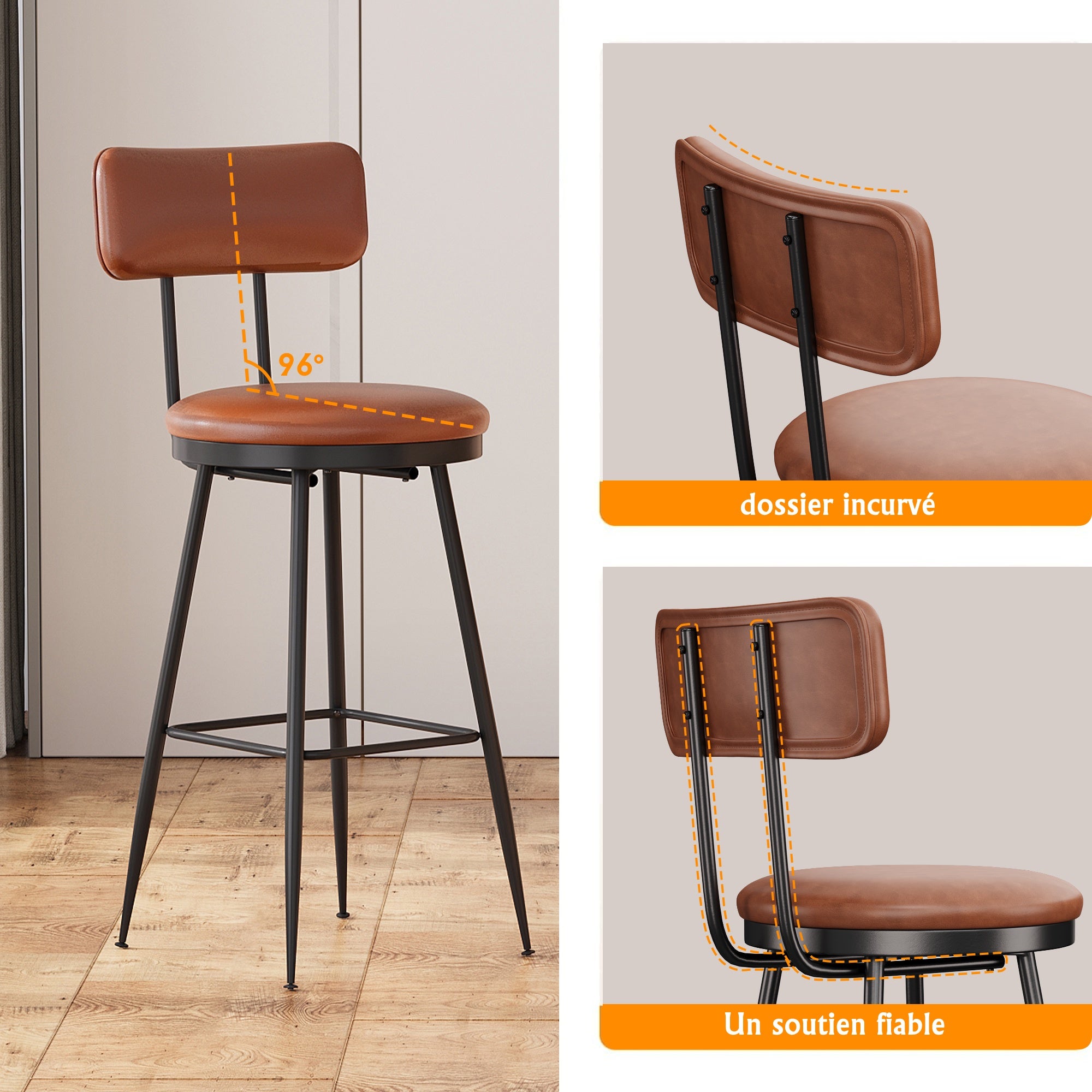 Lot de 4 Tabourets de Bar - Chaise Haute de Cuisine avec Dossier et Repose-pieds - Design Rétro et Robuste - en PU Marron - 9