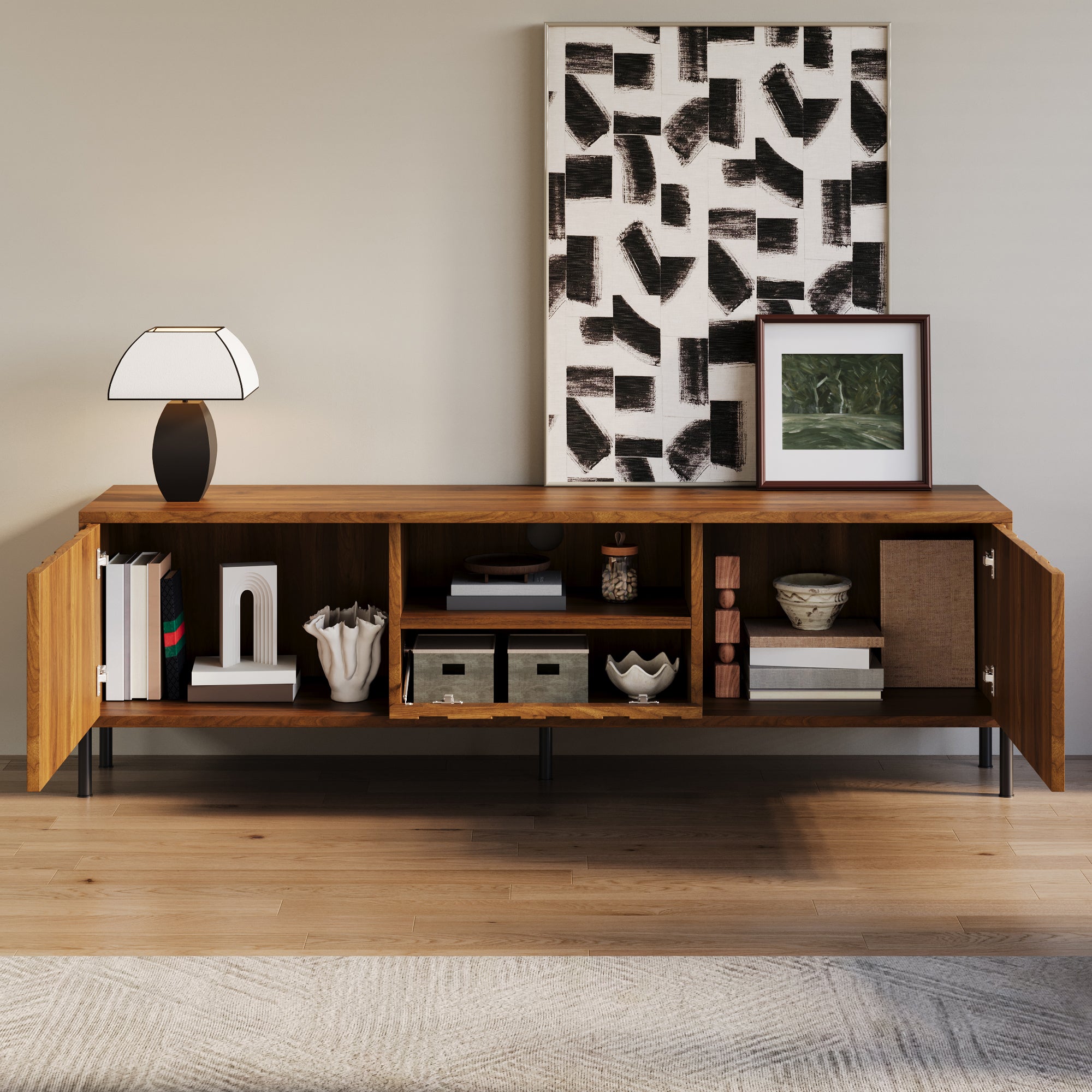 Stolik pod TV z 2 drzwiami, 1 szufladą i 1 otwartą przegrodą - 160 x 35 x 46 cm - MDF i metalowe nogi - Naturalny - 6
