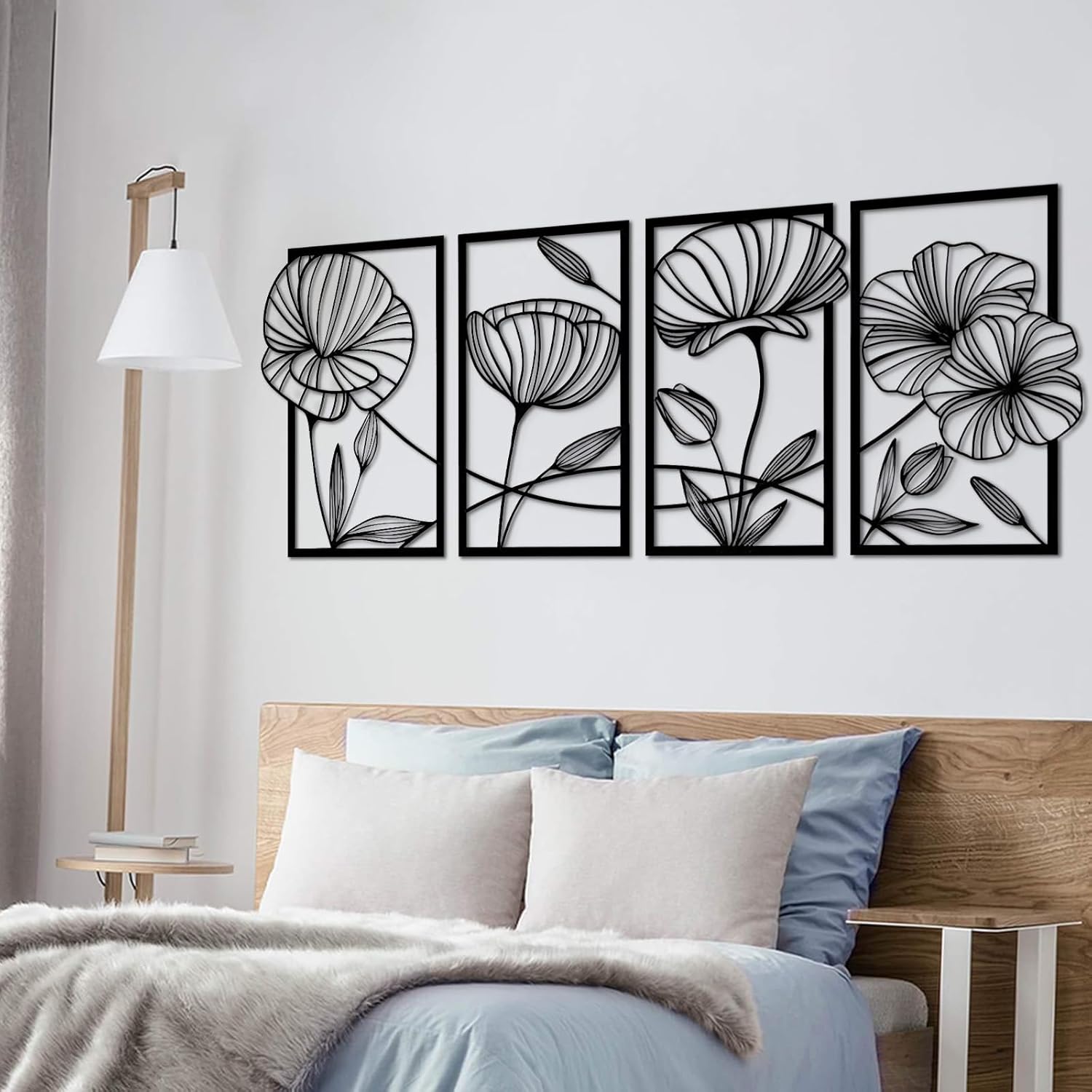Décorations murales en métal noir, 43*24 cm, lot de 4, sculpture murale moderne en fer forgé en forme de lotus, avec accessoires d'installation. - 2