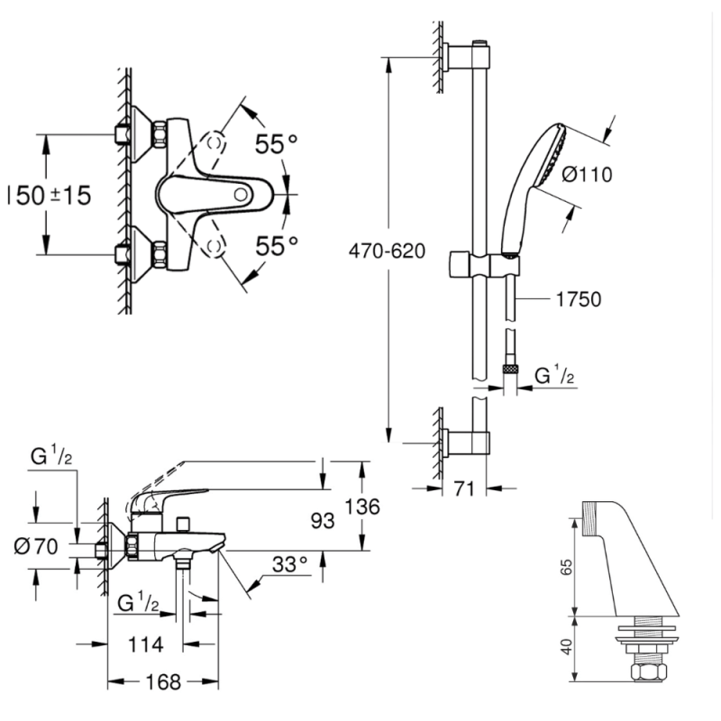 Mitigeur bain mécanique GROHE Bauloop avec ensemble de douche GROHE Vitalio Start avec colonnettes - 4