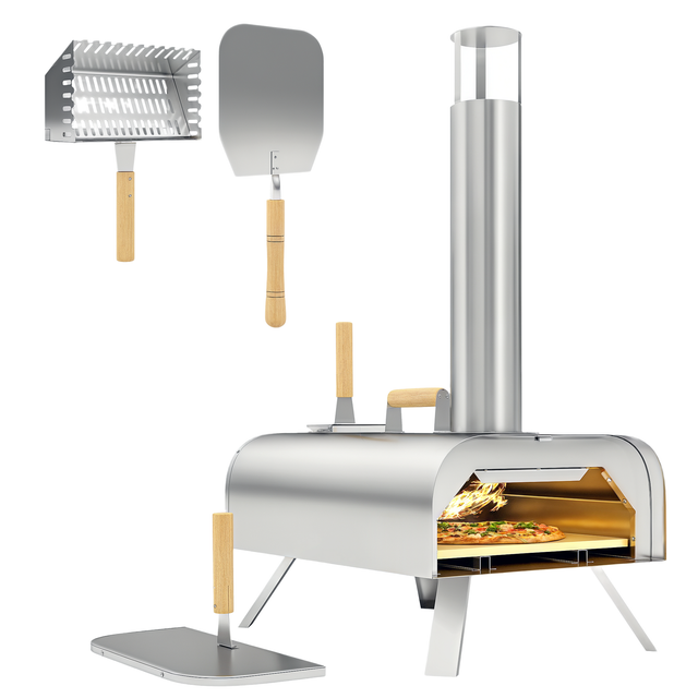 Horno de pizza portátil para exteriores, de leña o pellets, con piedra para pizza, patas plegables y chimenea de acero inoxidable - COMFORTXL