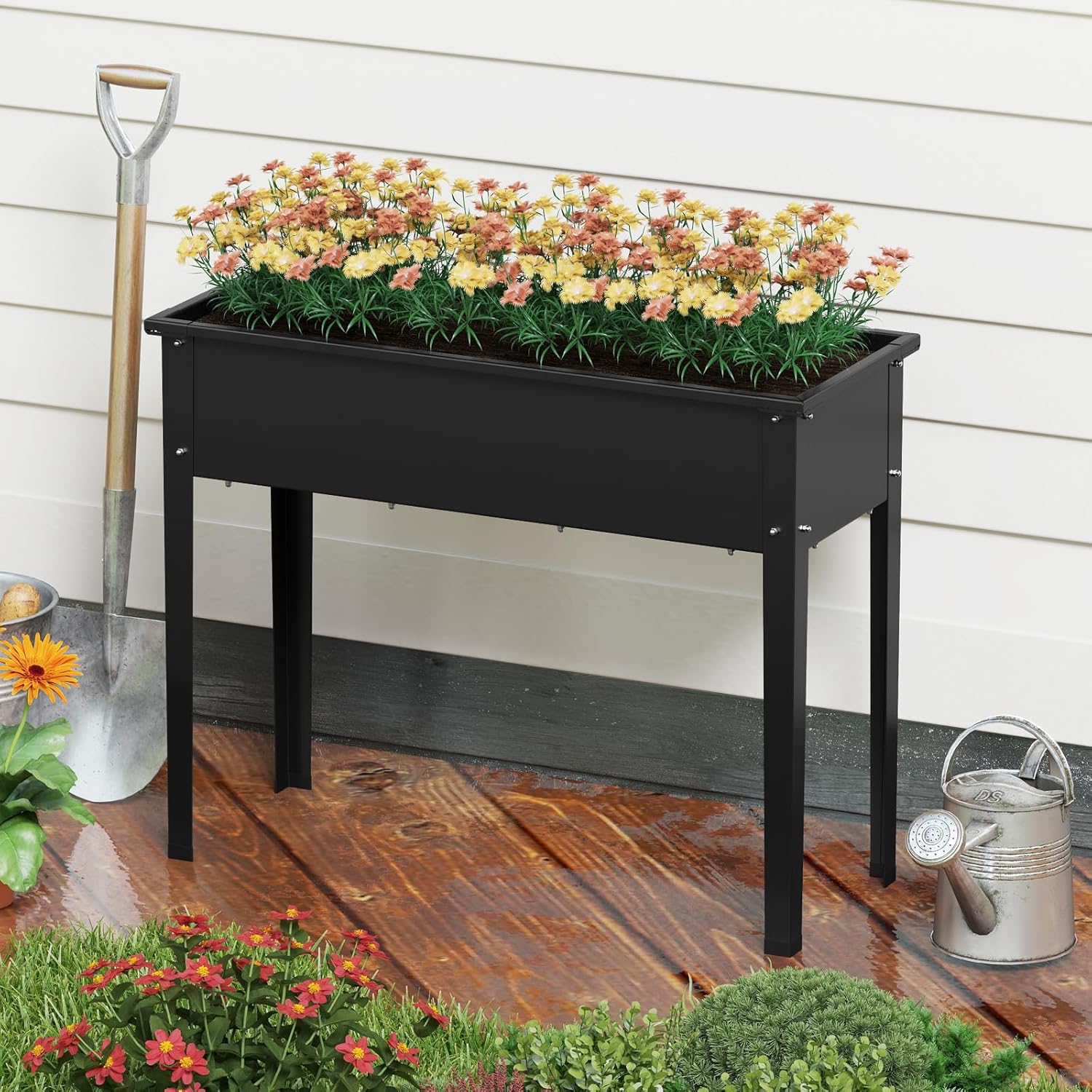 Carré Potager sur Pieds, Trou de Drainage, Structure Métallique, Jardinière Surélevée Extérieur pour Plantes, Pieds Antidérapants, Noir - 2