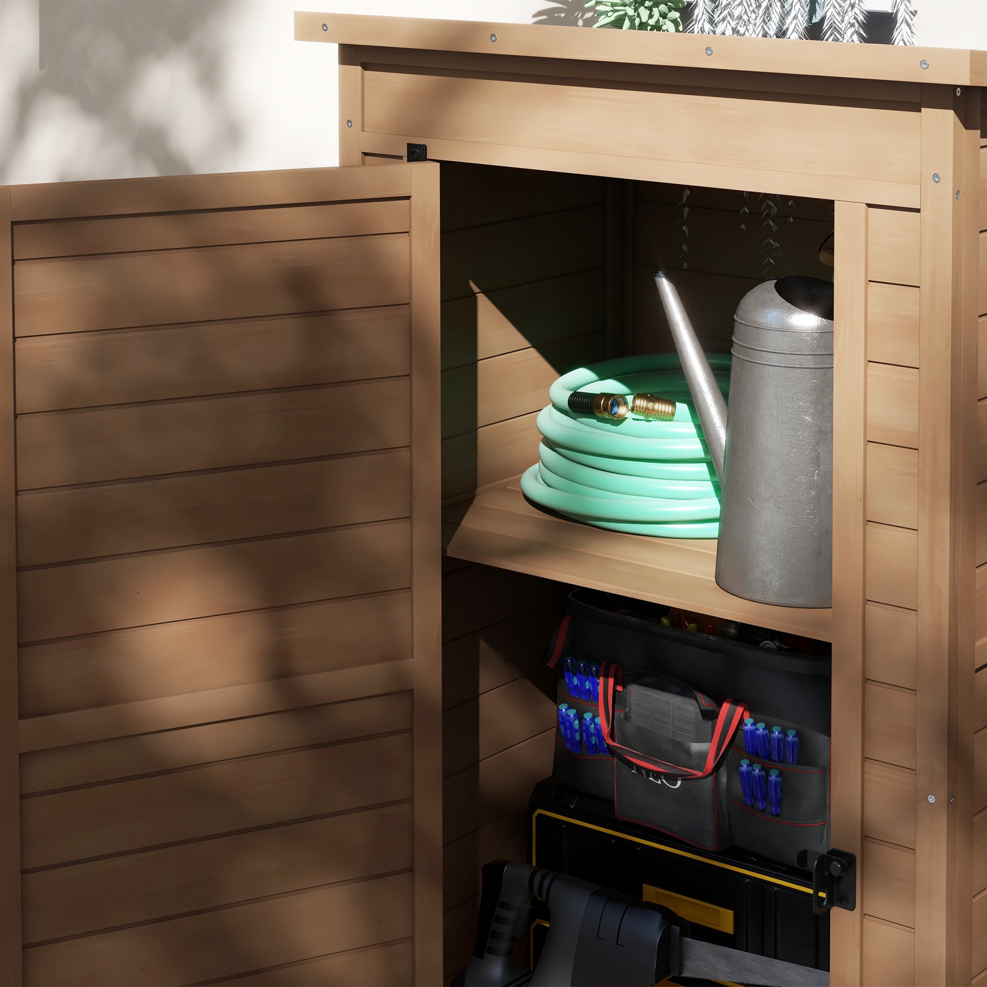 Outsunny Armadio da Giardino in Legno con Ripiano Regolabile e Catenaccio, 75x56x117cm, Marrone - 8