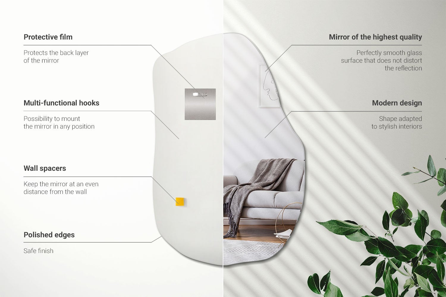 Miroir organique Wallfluent | Décoration moderne pour l'entrée. Idéal aussi pour une petite salle de bain | Dimension 80 cm x 52 cm - 4