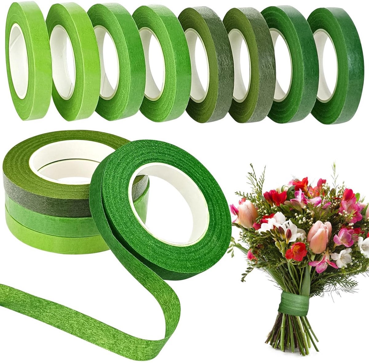 12 role, panglica florala, panglica florala verde, 4 culori, pentru buchete, aranjamente florale, impachetare tulpini 12buc