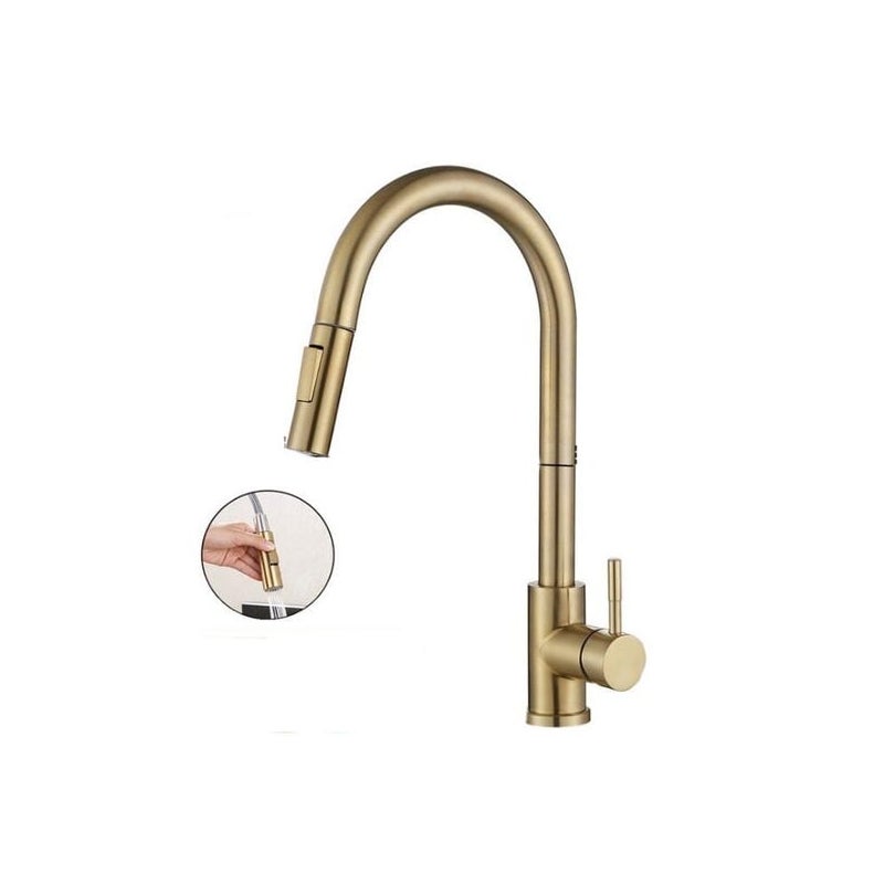 Bateria kuchenna z wyciąganą wylewką, bateria ze stali nierdzewnej z jednym otworem, pojedynczy uchwyt, szczotkowane złoto