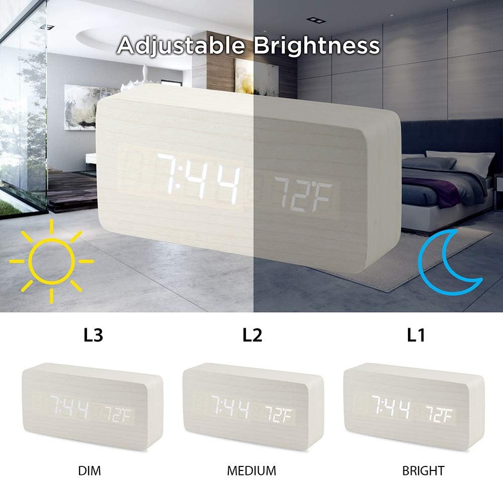 Réveil numérique en bois, réveil LED multifonction en bois avec alimentation USB, commande vocale et thermomètre - Blanc - 5