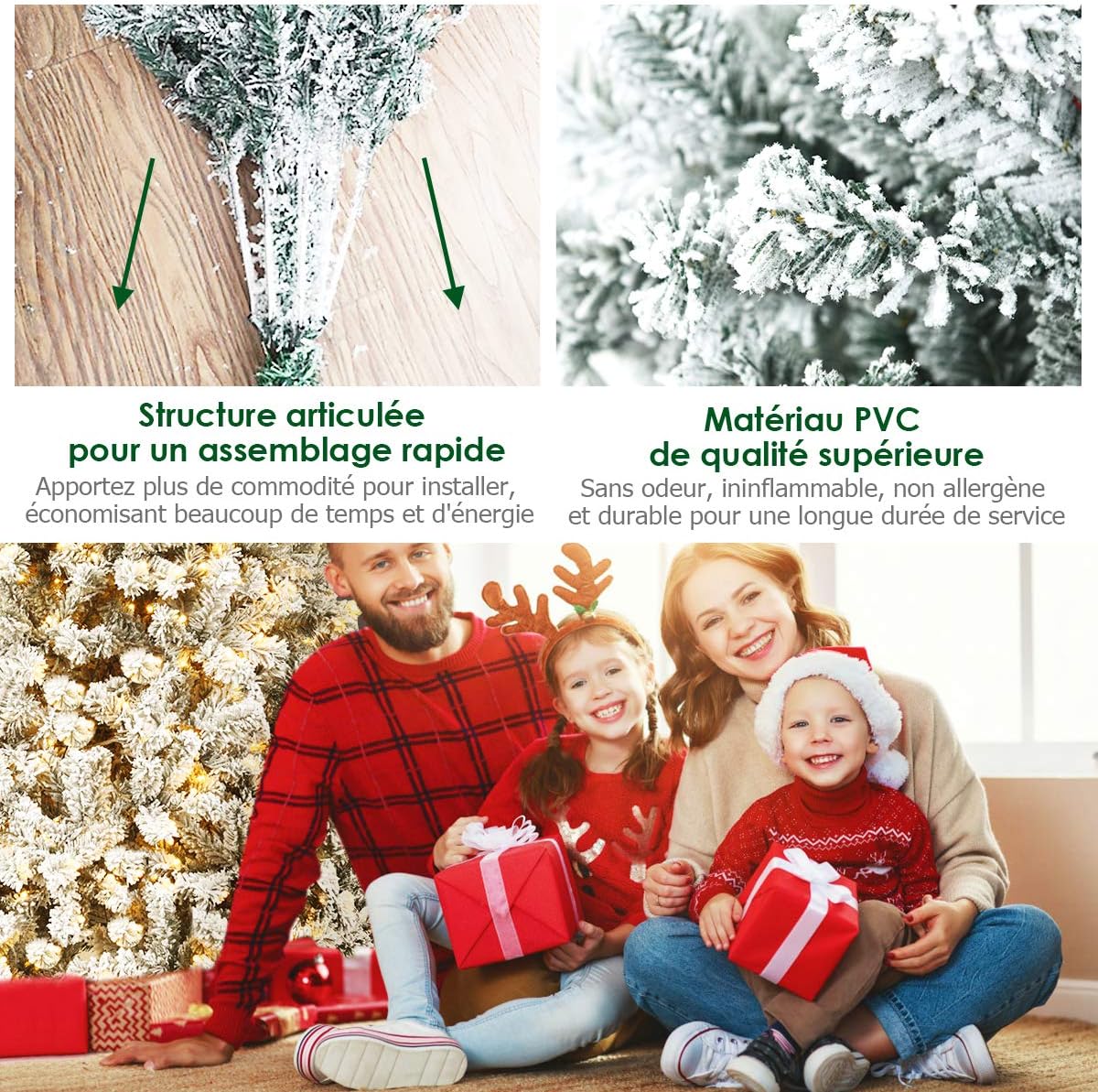 180cm Árbol de Navidad Flocado con 250 Luces LED, 600 ramas de PVC ignífugo con apertura automática, base de metal, blanco - 5