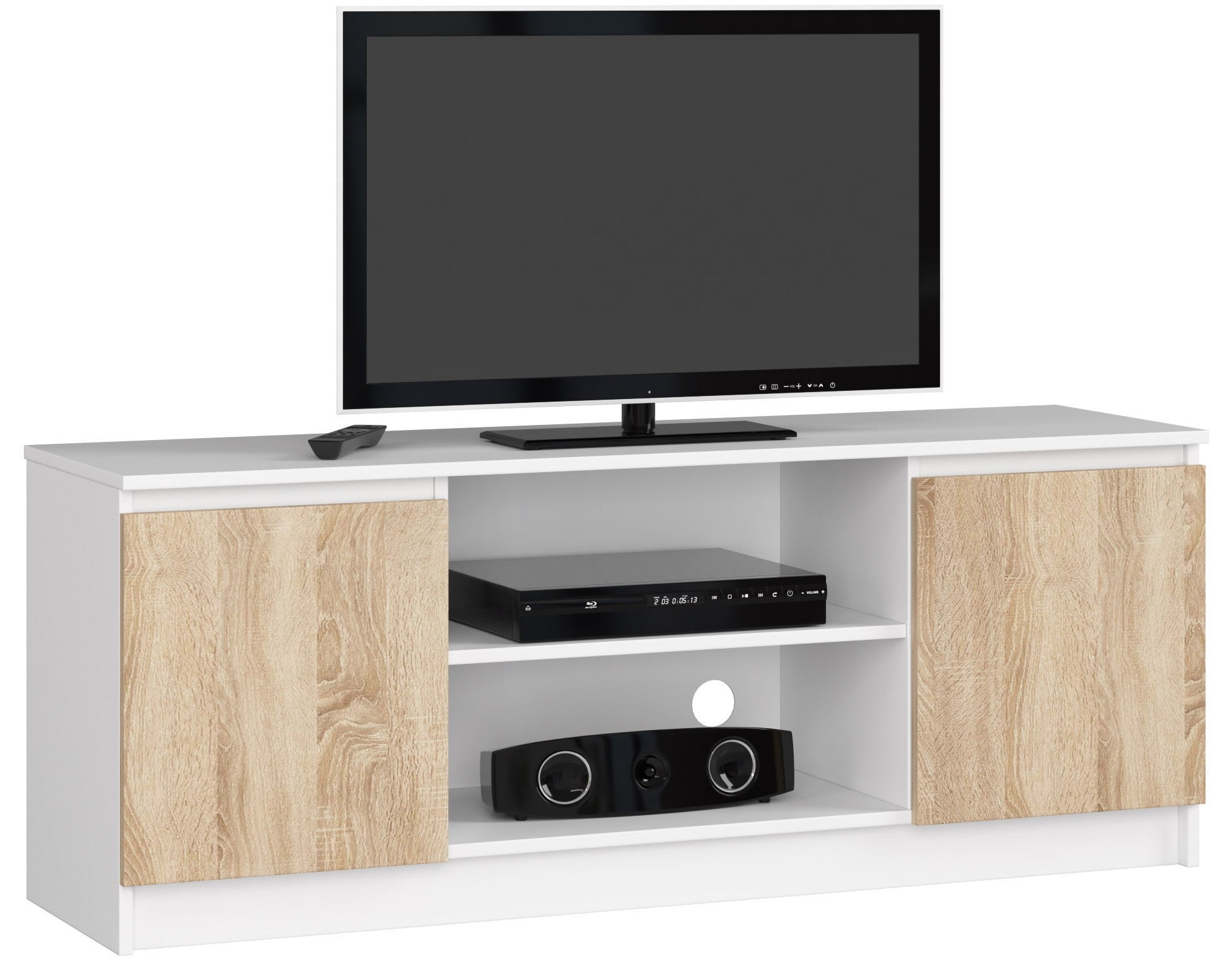 Szafka RTV AKORD Biała 140 cm 2 drzwi kolor Dąb Sonoma mat 2 półki 140x40x55 cm