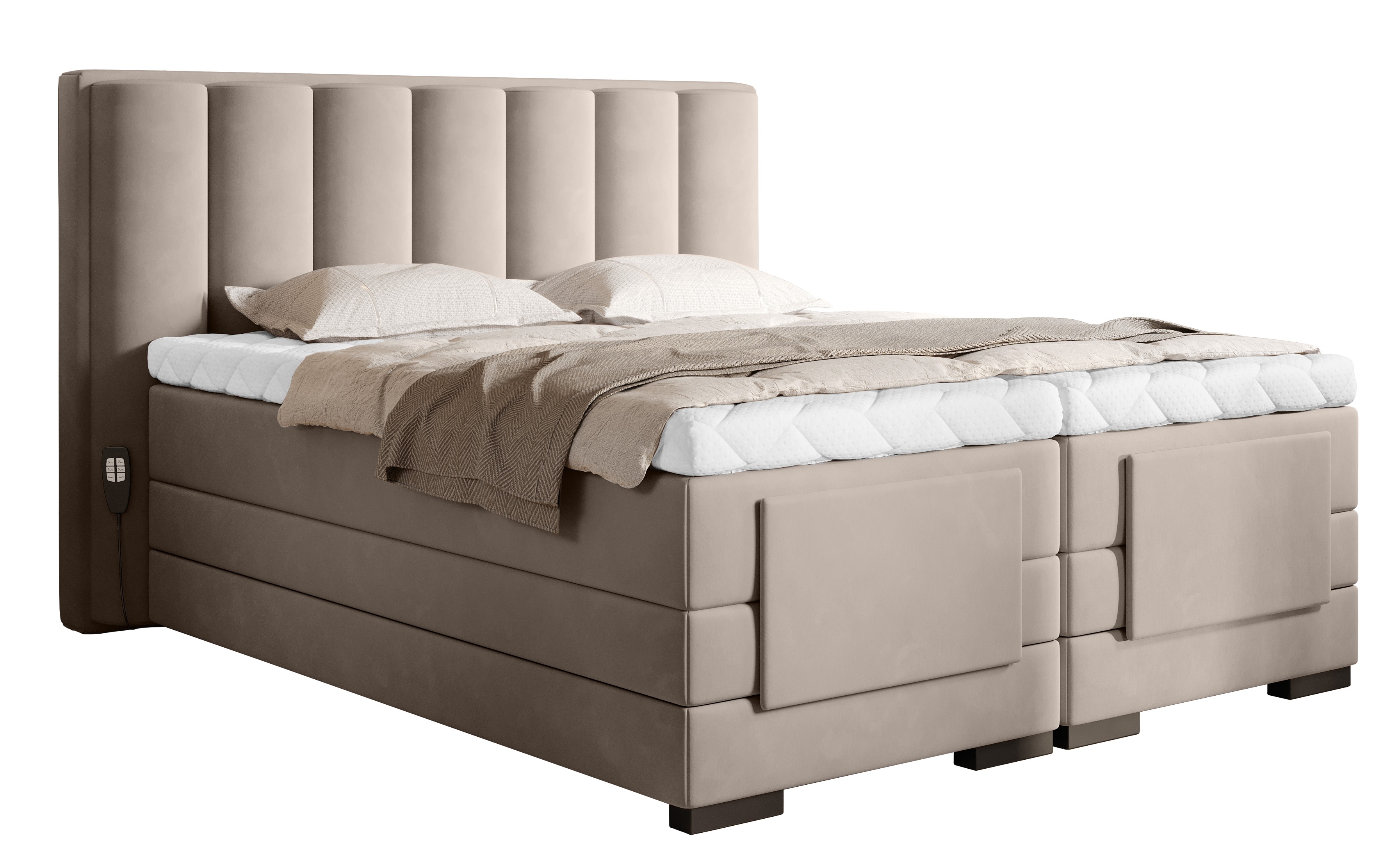 MOTIVENA Aspen Lit Boxspring 180x200 Complet Avec Matelas (Ressorts Bonnell H4) Et Surmatelas (T28 Mousse De Confort H3), Avec Rangement, Velours, Avec Tête De Lit Coffre 180x200 Beige Crème