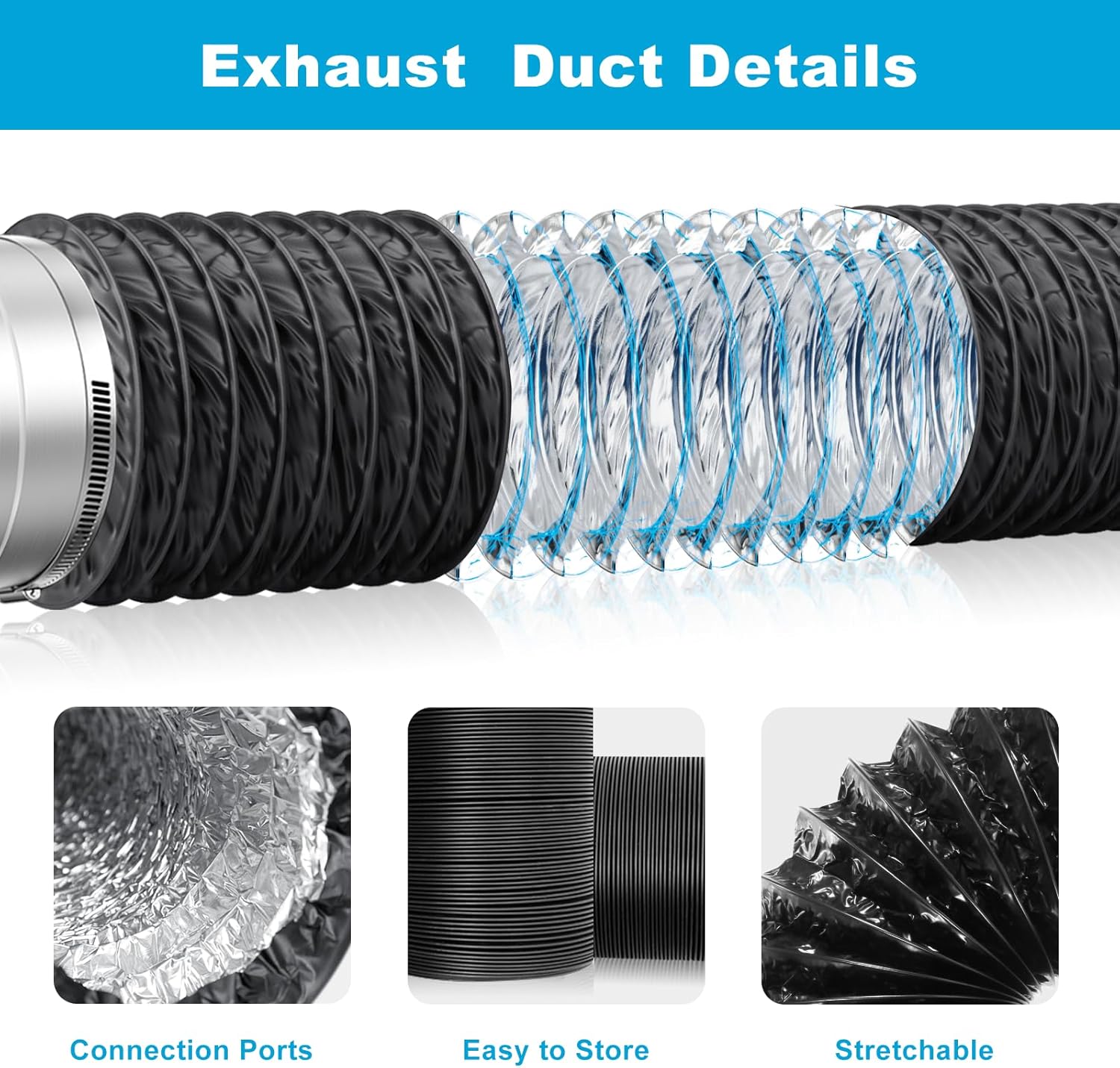 Tuyau Flexible Aluminium Ø150mm, Tuyau D'Évacuation D'Air PVC Tuyau Flexible Conduites D'Air Flexibles Noir Tuyau - 3