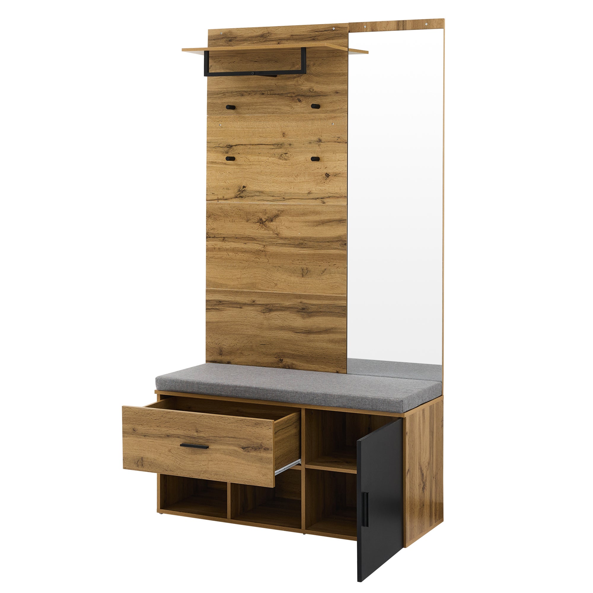 Vestiaire avec porte manteau + banc à chaussures + miroir - Naturel - 9